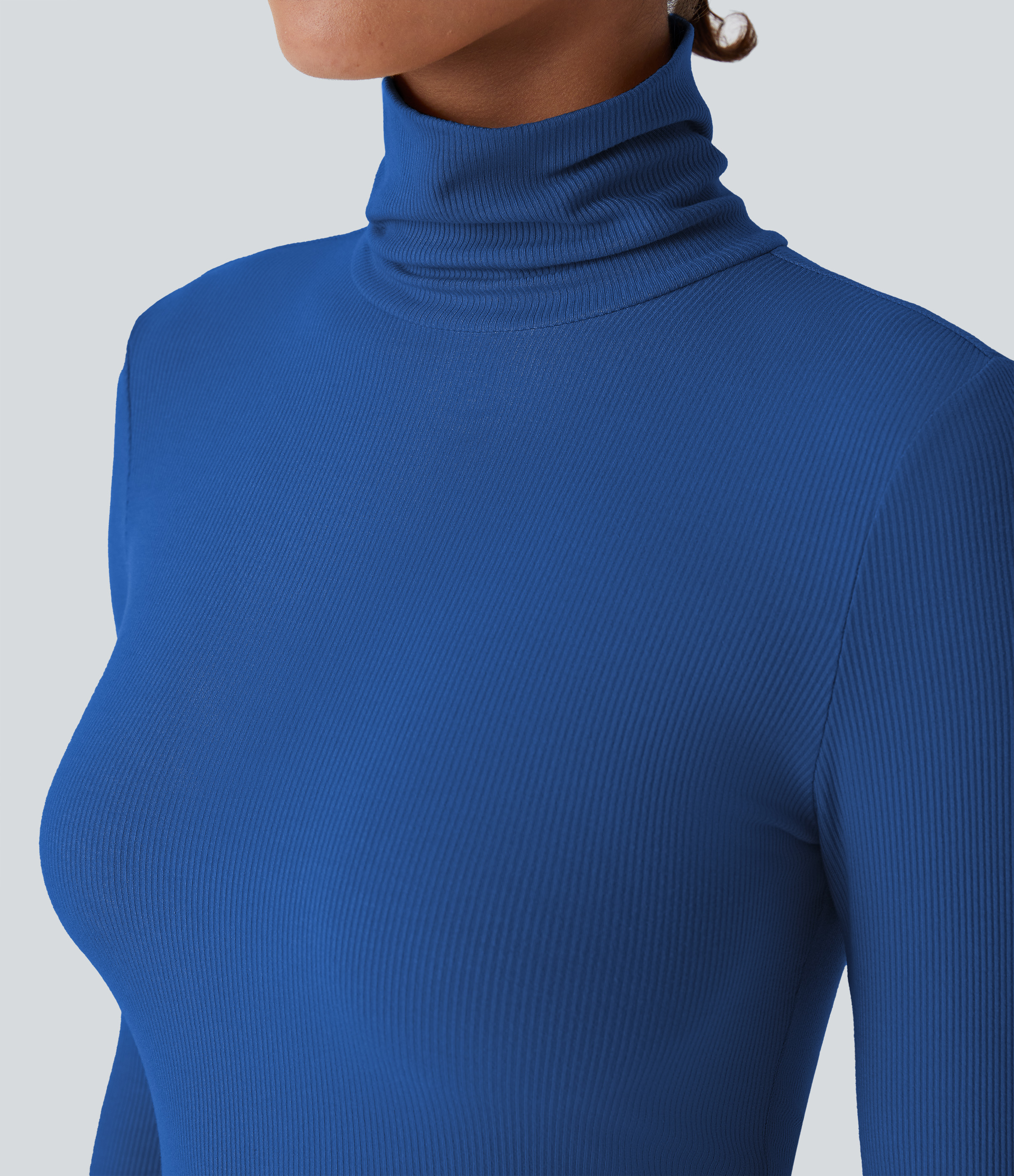 Halara Ribbed Knit High Collar Long Sleeve Casual Top Tank Top - Deep Lake Blue - XL golf tops halter top tunic tops sleeveless tops 