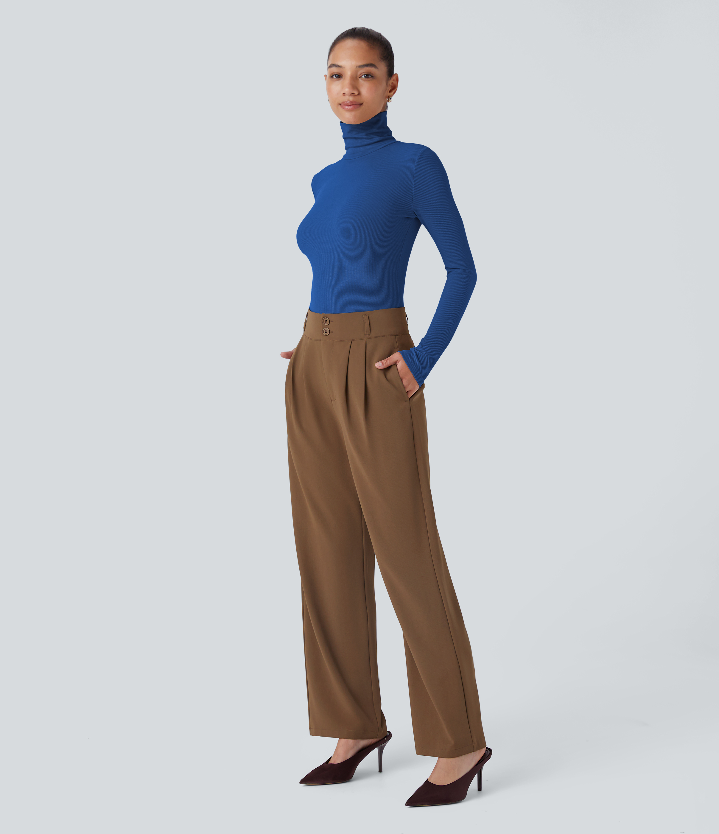 Halara Ribbed Knit High Collar Long Sleeve Casual Top Tank Top - Deep Lake Blue - XL golf tops halter top tunic tops sleeveless tops 