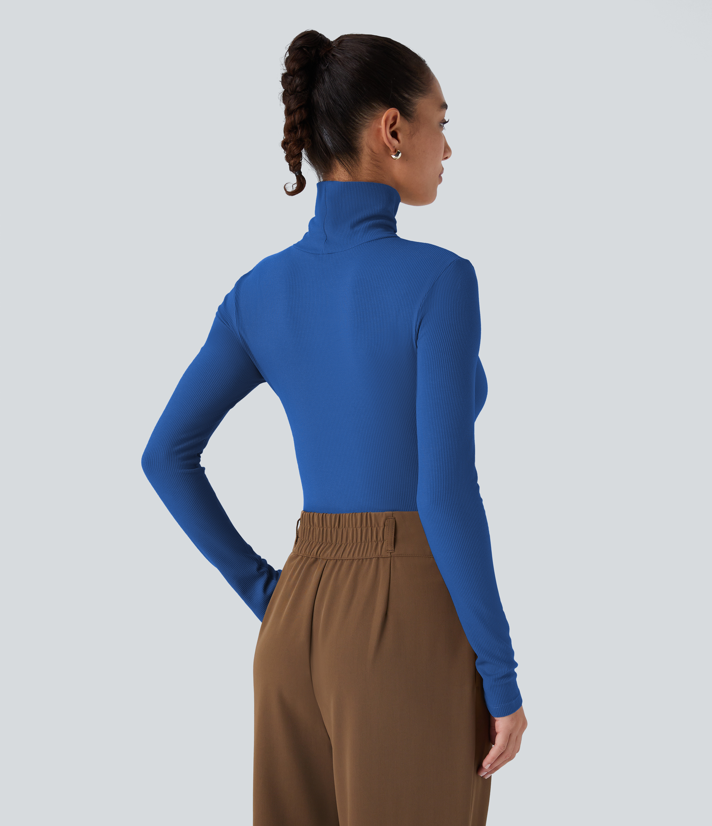 Halara Ribbed Knit High Collar Long Sleeve Casual Top Tank Top - Deep Lake Blue - XL golf tops halter top tunic tops sleeveless tops 
