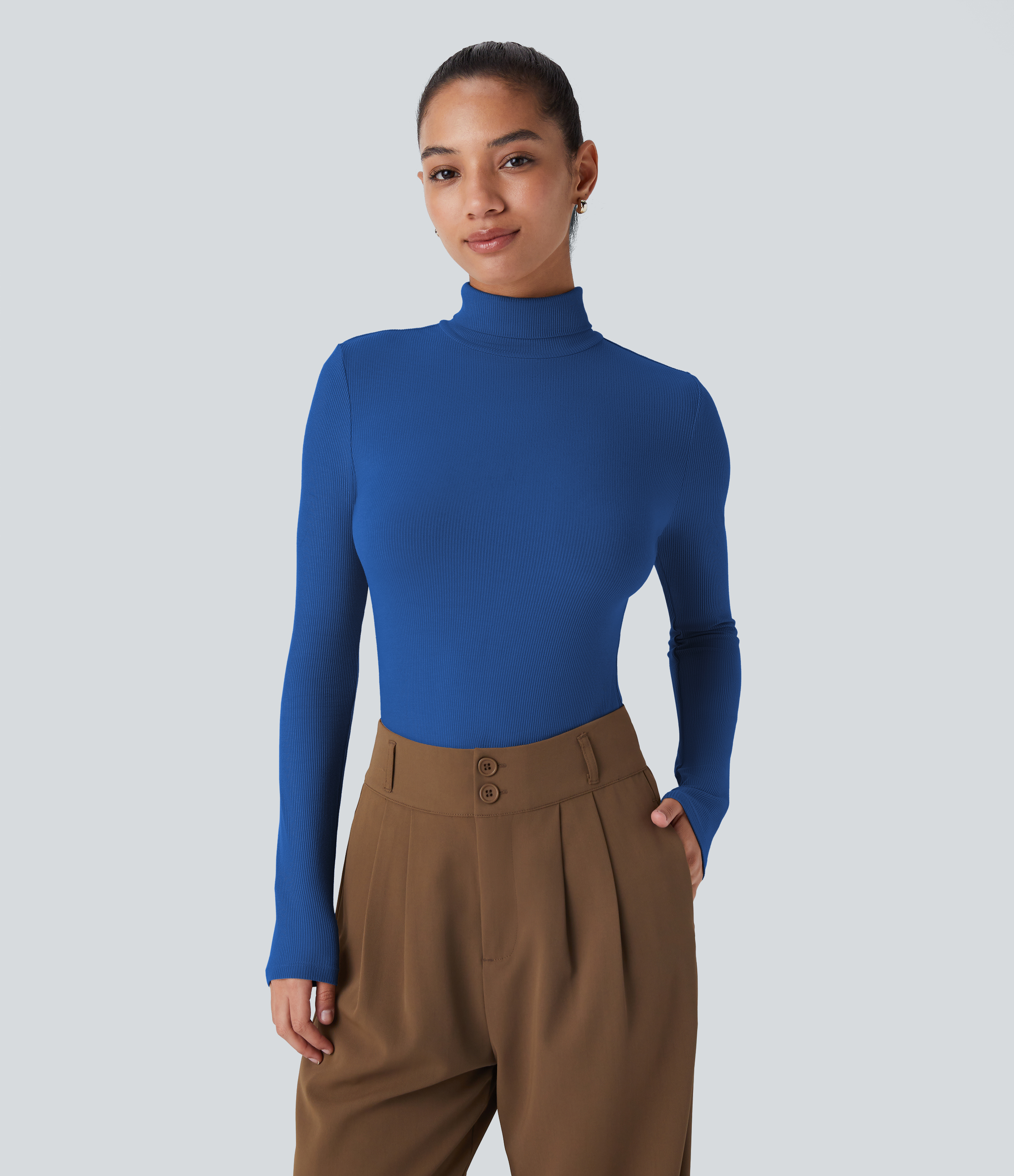 Halara Ribbed Knit High Collar Long Sleeve Casual Top Tank Top - Deep Lake Blue - XL golf tops halter top tunic tops sleeveless tops 