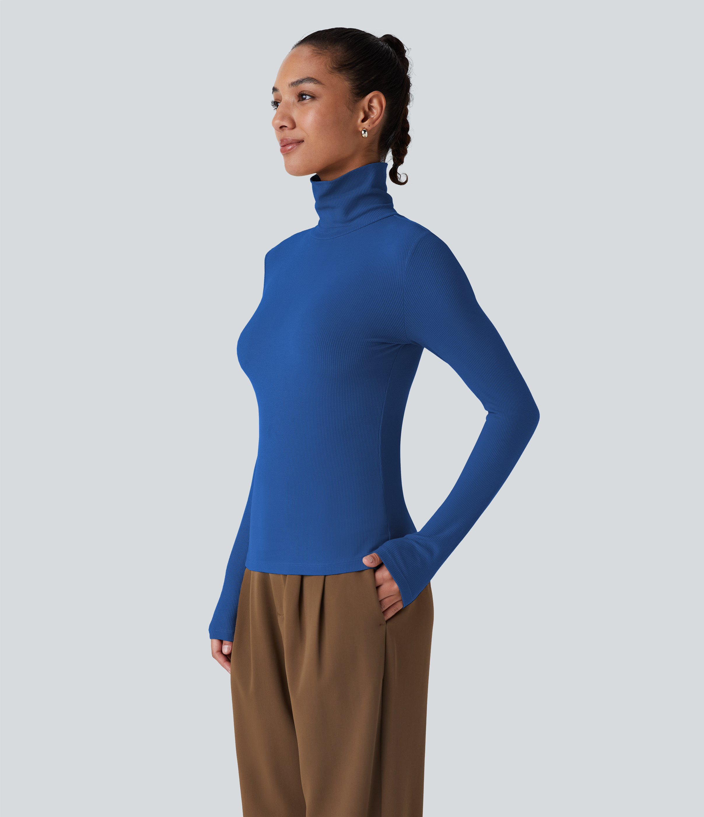 Halara Ribbed Knit High Collar Long Sleeve Casual Top Tank Top - Deep Lake Blue - XL golf tops halter top tunic tops sleeveless tops 