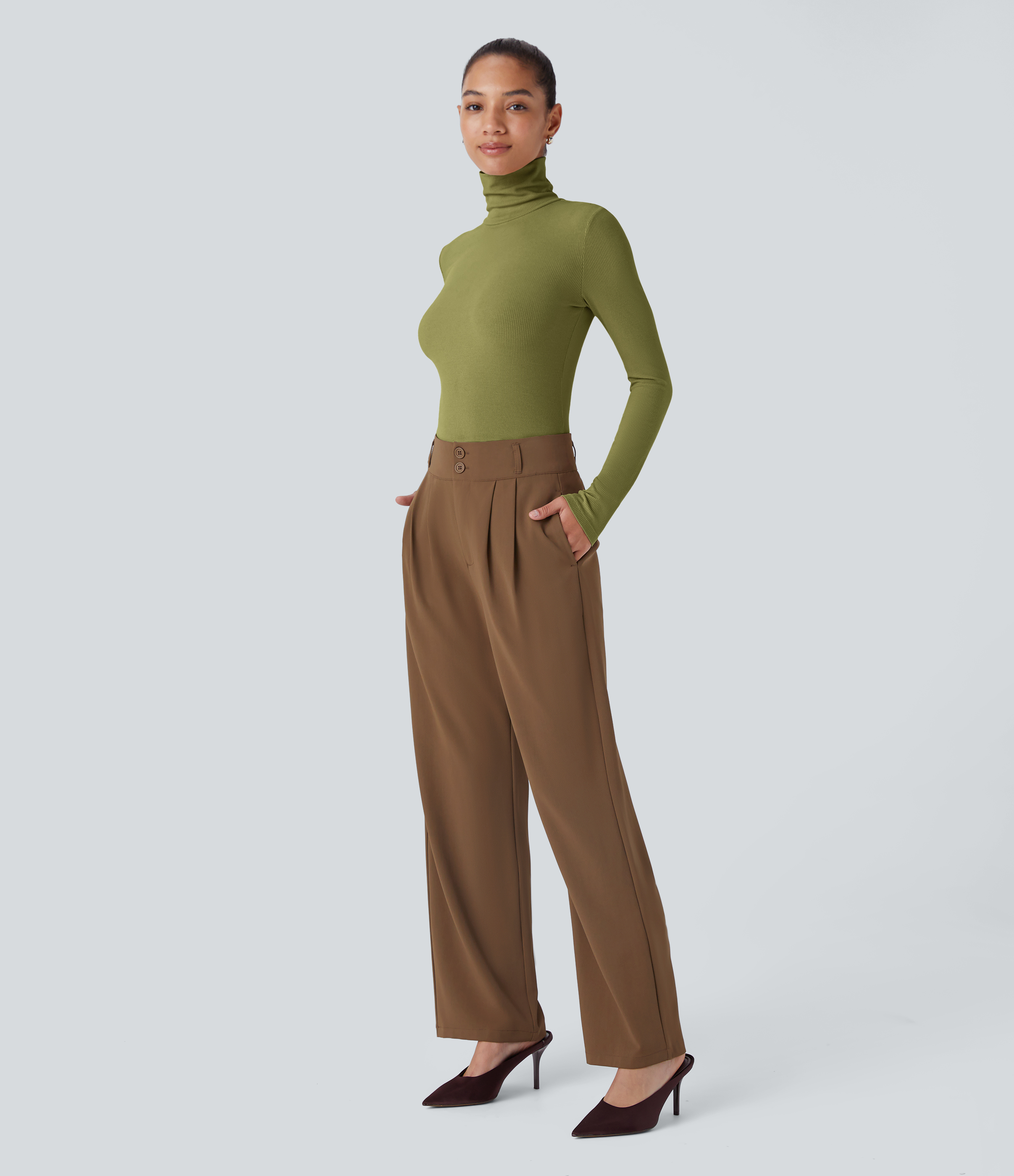 Halara Ribbed Knit High Collar Long Sleeve Casual Top Tank Top - Green Olive - S golf tops halter top tunic tops sleeveless tops backless top 