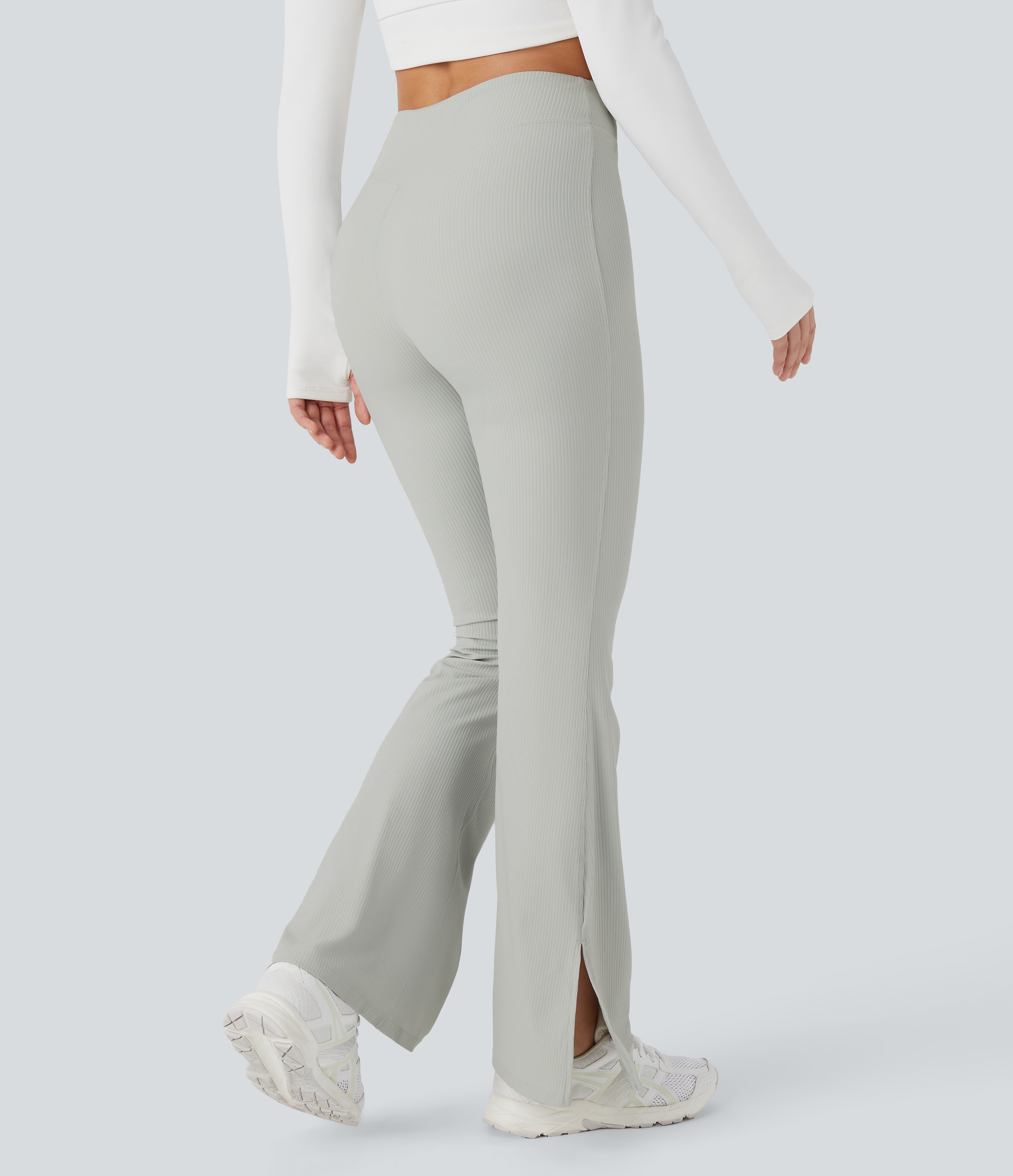 Halara Ribbed High Waisted Split Flared Yoga Full Length Leggings  - Sweet Honeydew - XS gym leggings leggings with pockets 