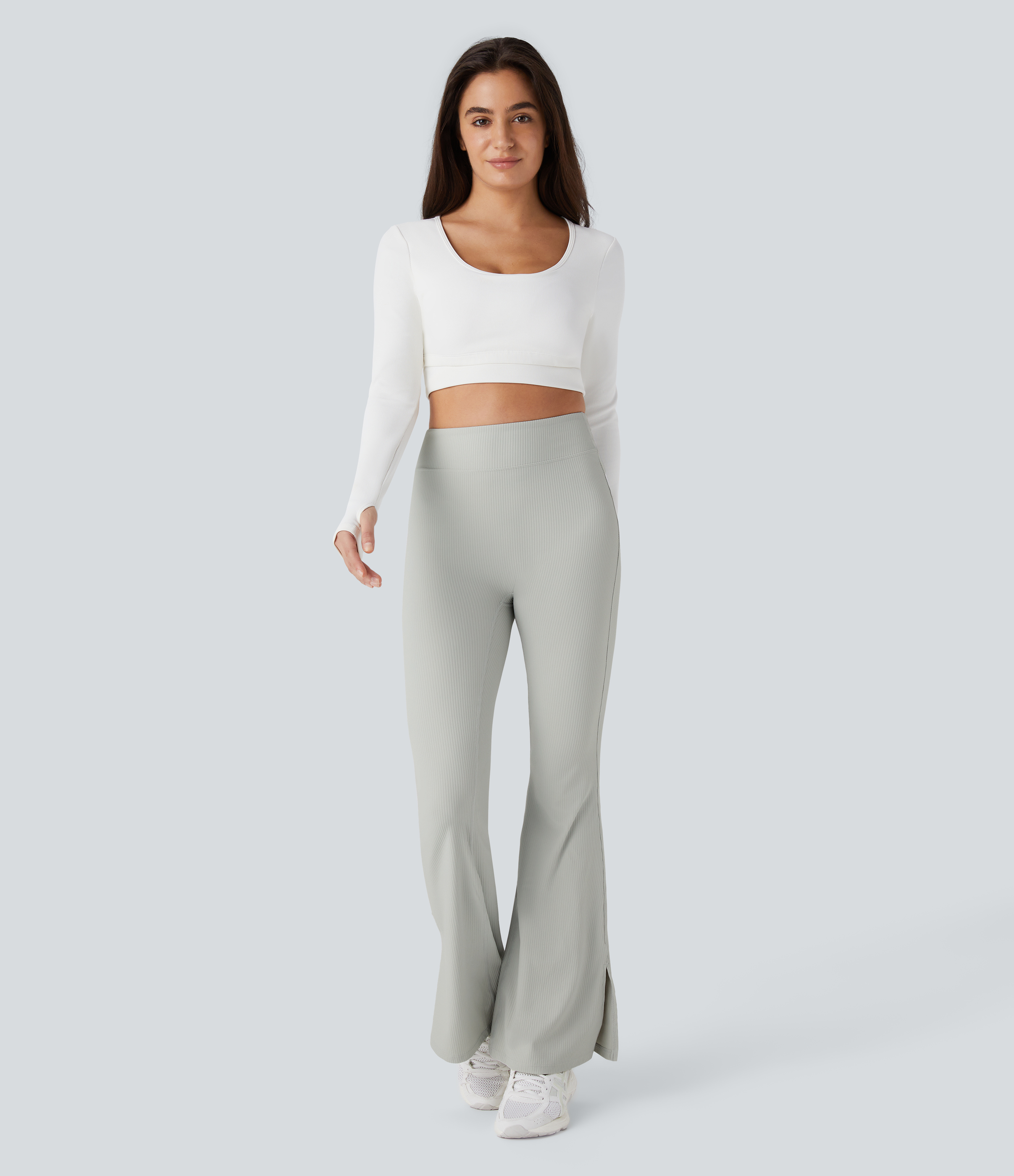 Halara Ribbed High Waisted Split Flared Yoga Full Length Leggings  - Sweet Honeydew - XS gym leggings leggings with pockets 