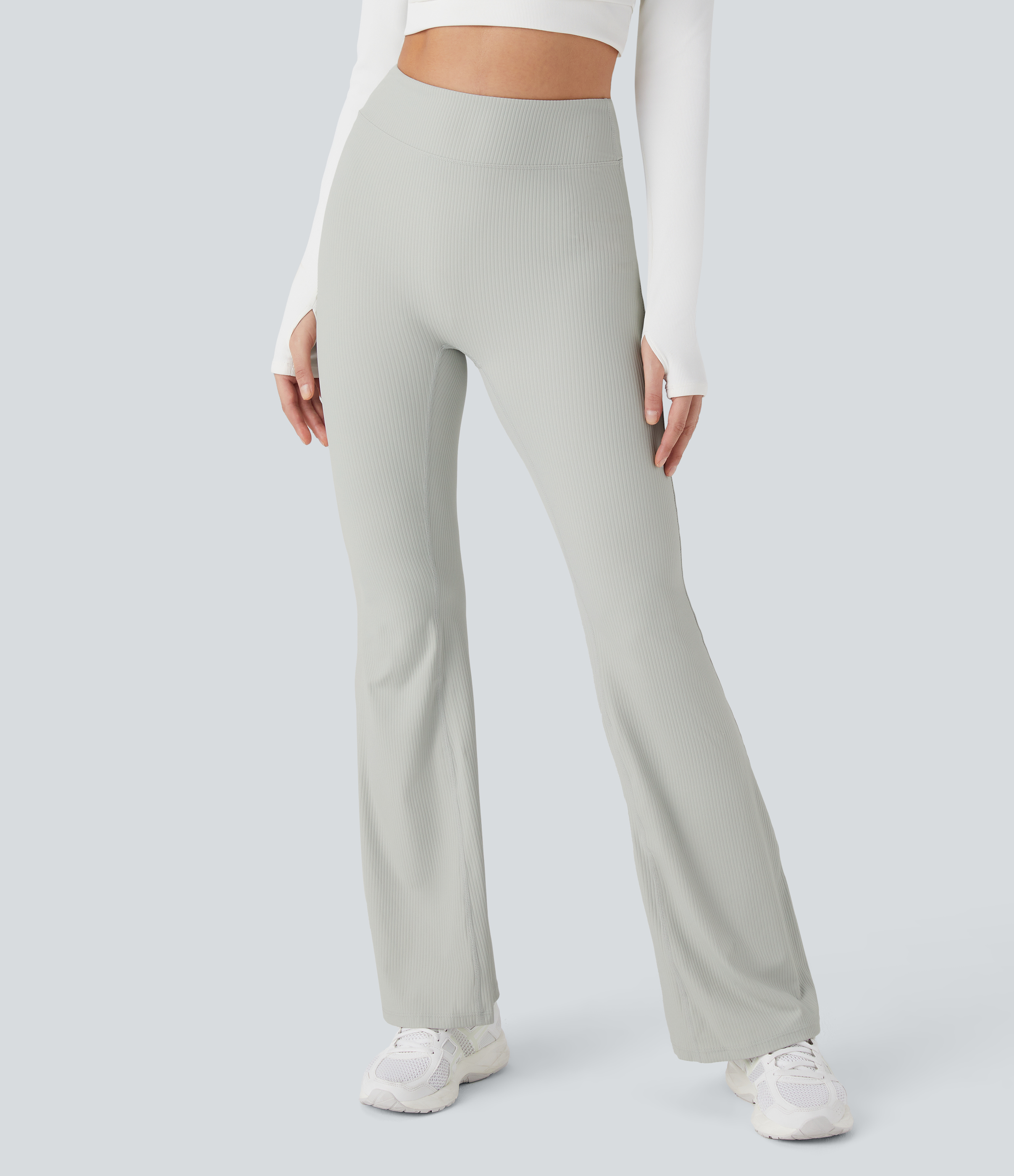 Halara Ribbed High Waisted Split Flared Yoga Full Length Leggings  - Sweet Honeydew - XS gym leggings leggings with pockets 