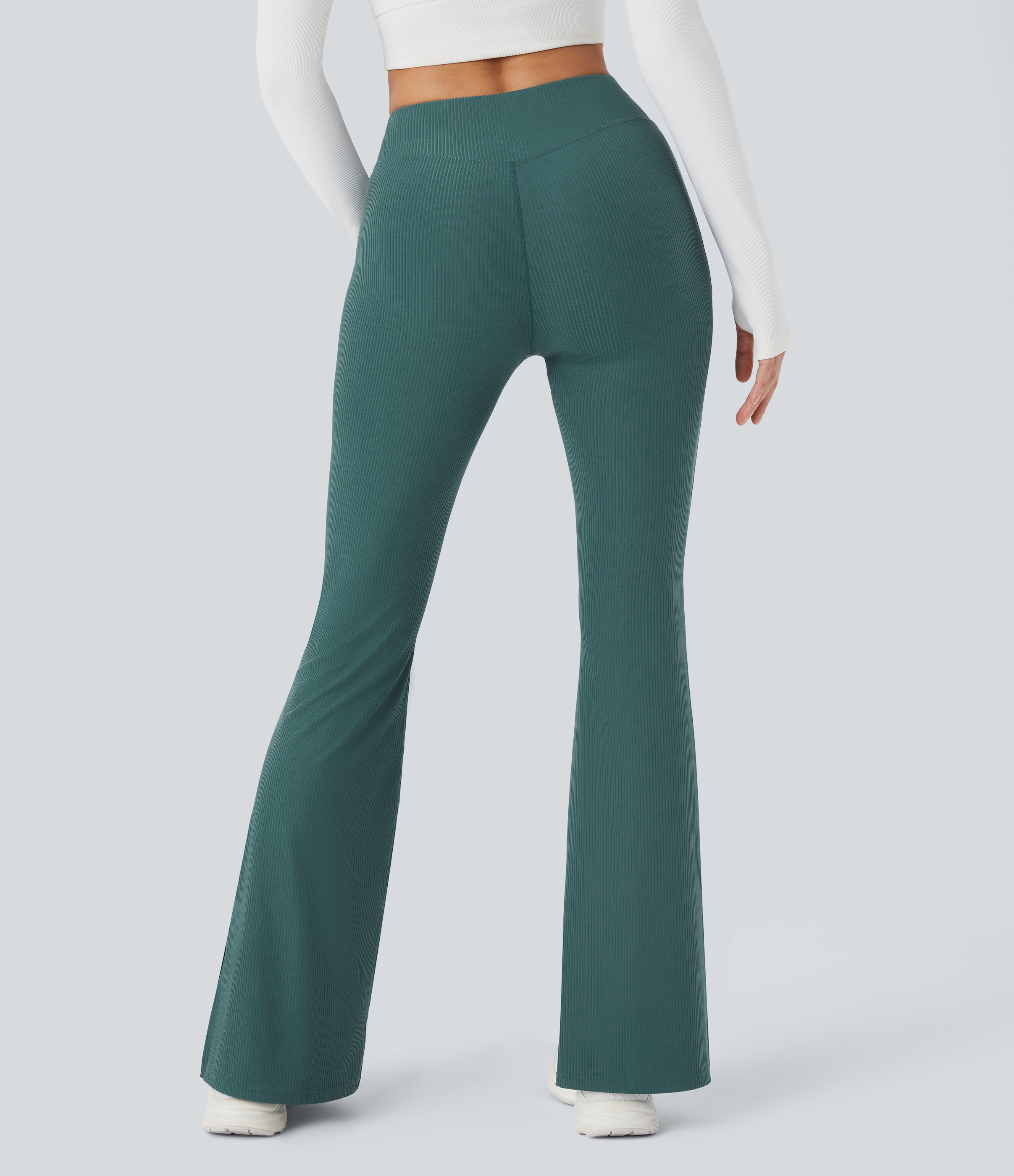 Halara Ribbed High Waisted Split Flared Yoga Full Length Leggings  - Viridian - L gym leggings leggings with pockets leggings with butt lift 