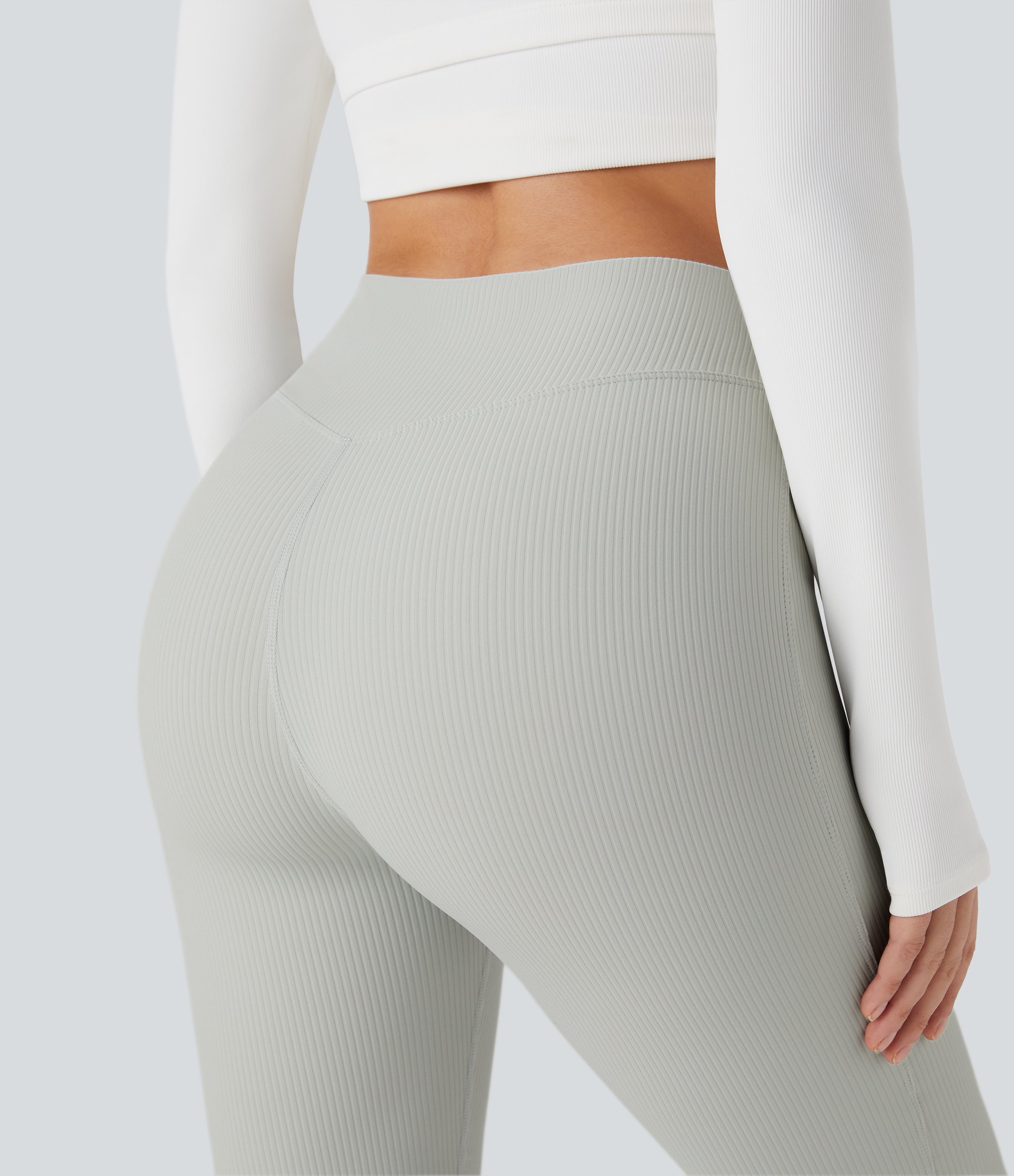 Halara Ribbed High Waisted Split Flared Yoga Full Length Leggings  - Sweet Honeydew - XS gym leggings leggings with pockets 