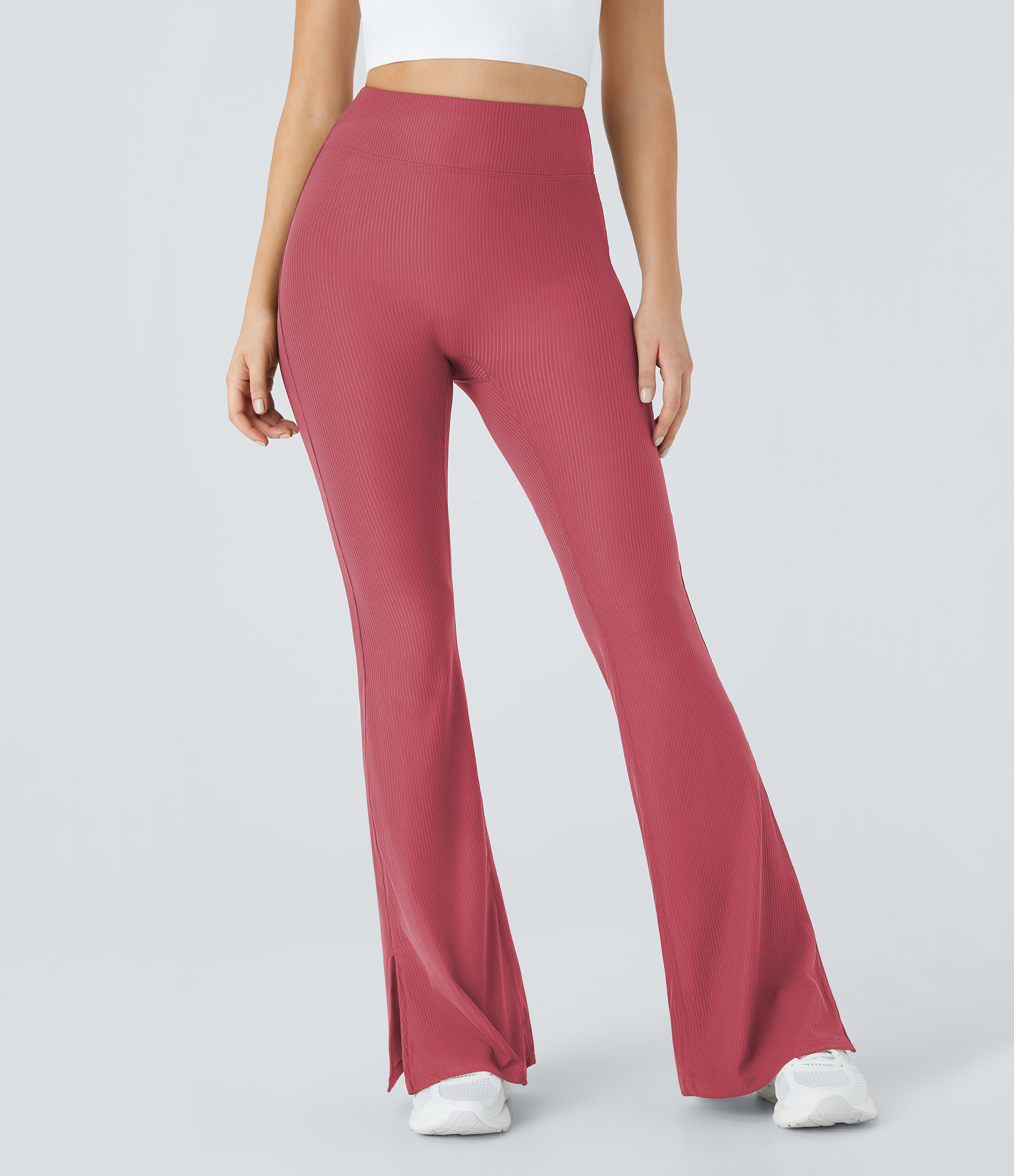 Halara Ribbed High Waisted Split Flared Yoga Full Length Leggings  - Holly Berry - XL gym leggings leggings with pockets 