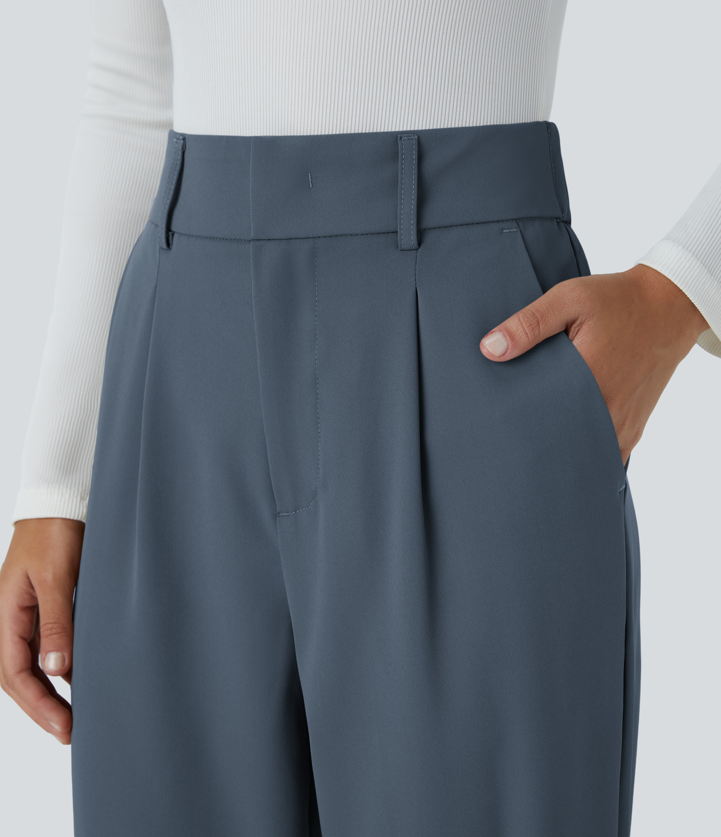 Halara High Waisted Side Pocket Solid Work Tapered Suit Pants  - Deep Sea Gray Blue - L(regular) sweatpants jogger pants stacked sweatpants 