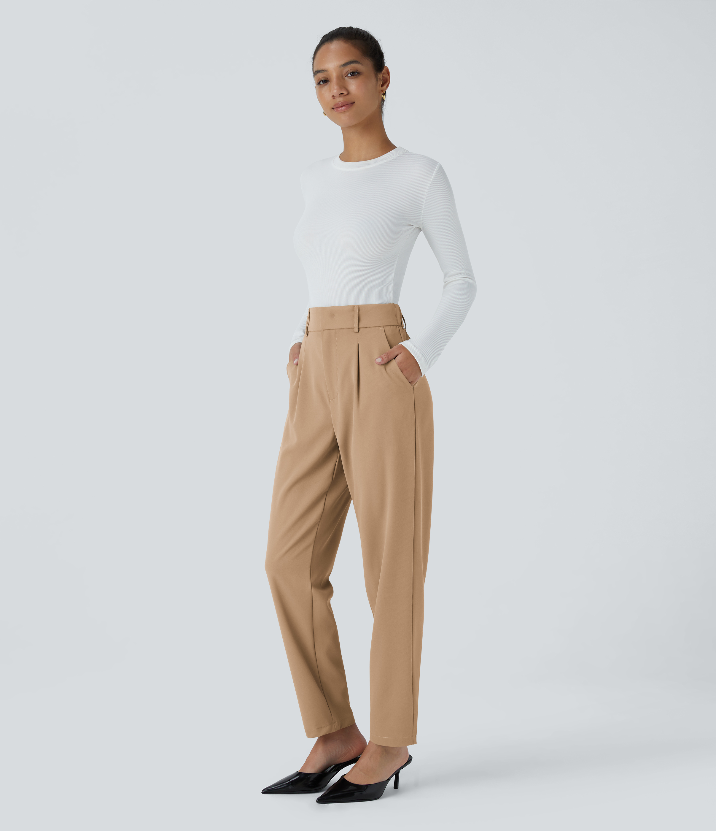Halara High Waisted Side Pocket Solid Work Tapered Suit Pants  - Candied Ginger - M(regular) sweatpants jogger pants stacked sweatpants 