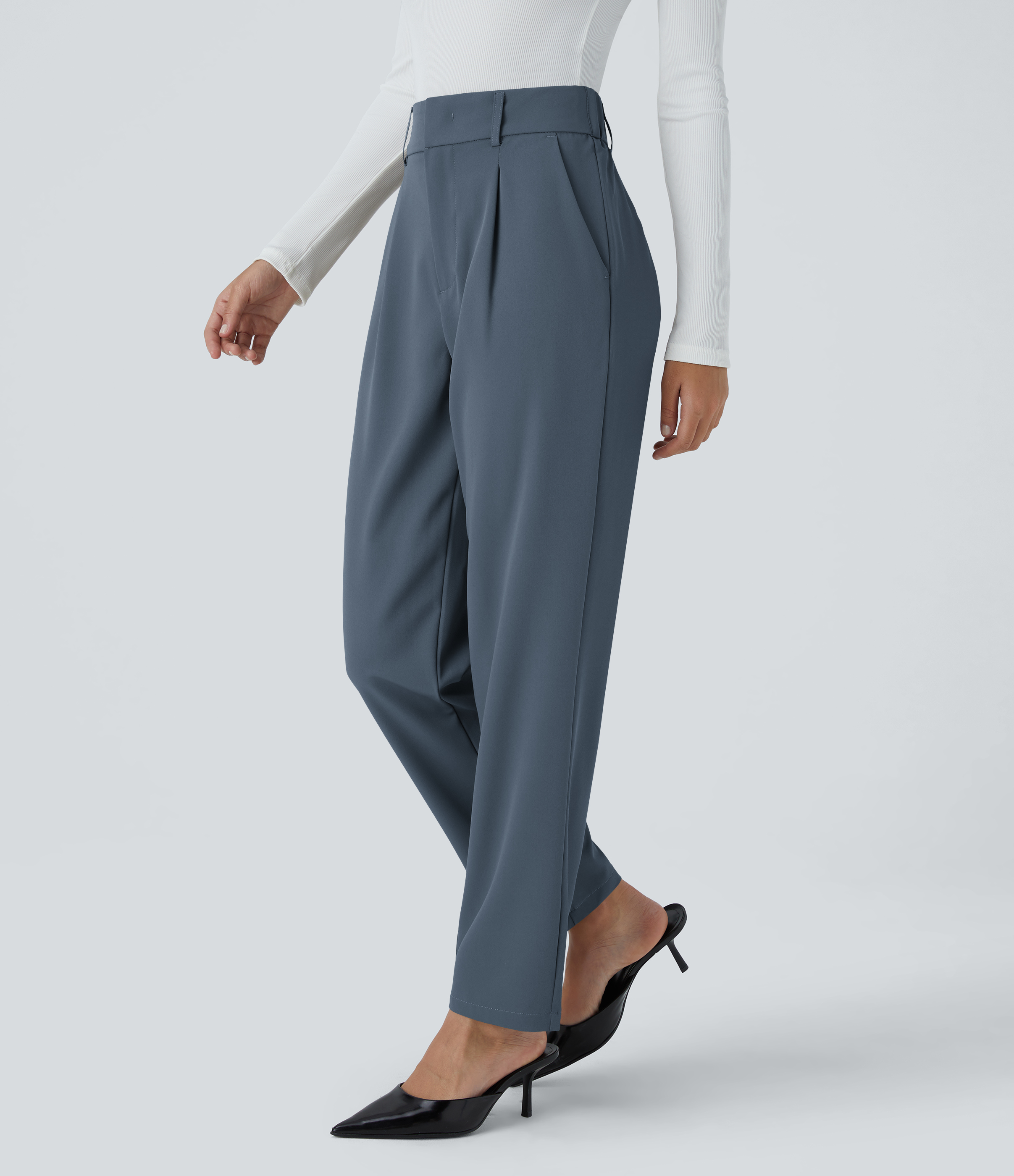 Halara High Waisted Side Pocket Solid Work Tapered Suit Pants  - Deep Sea Gray Blue - L(regular) sweatpants jogger pants stacked sweatpants 