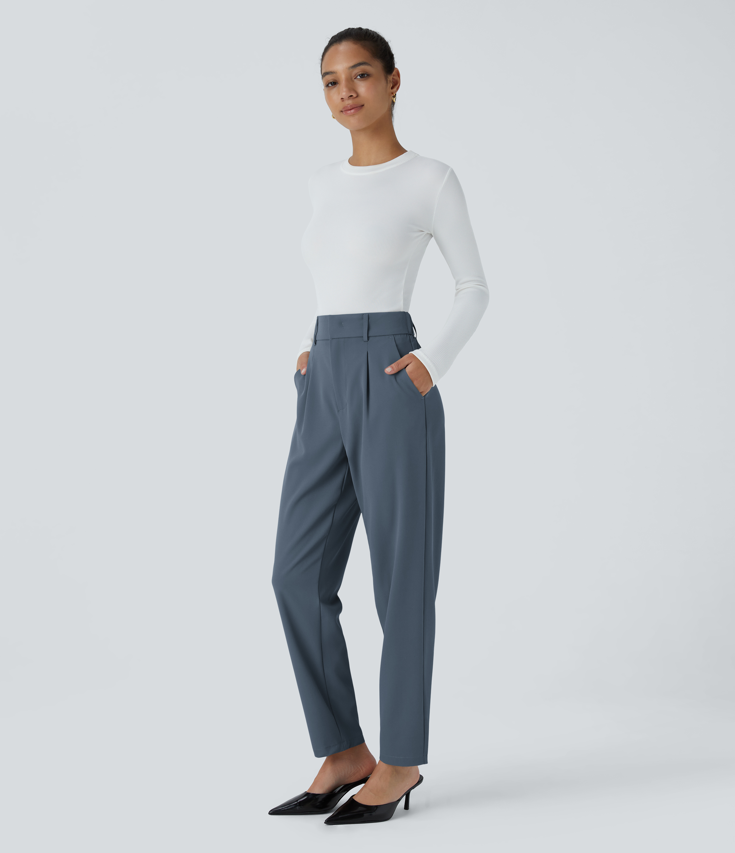 Halara High Waisted Side Pocket Solid Work Tapered Suit Pants  - Deep Sea Gray Blue - L(regular) sweatpants jogger pants stacked sweatpants 