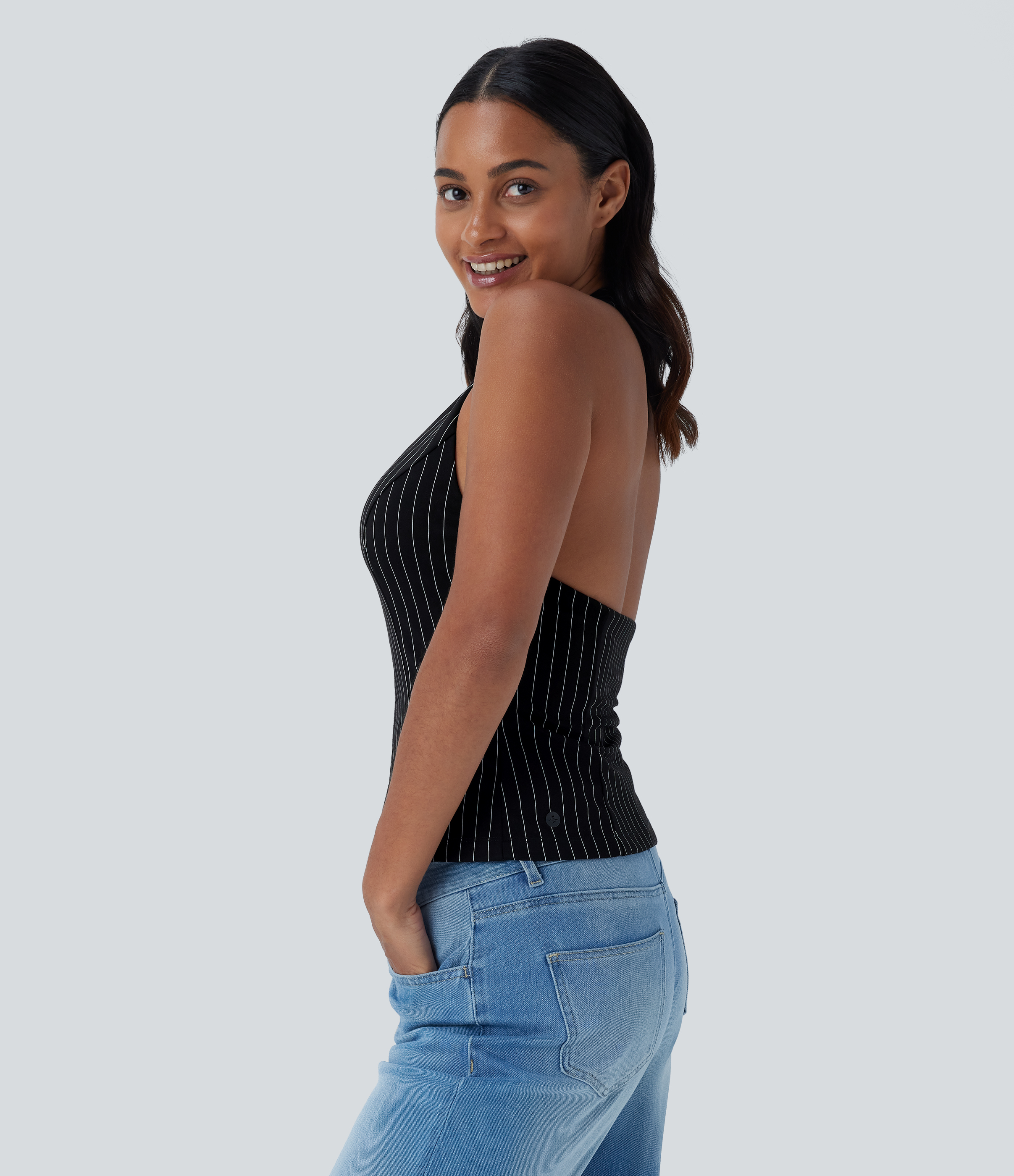 Halara Halter Backless 2-Way Zipper Stripe Casual Top Tank Top - Black White Pinstripe - M golf tops halter top tunic tops sleeveless tops 
