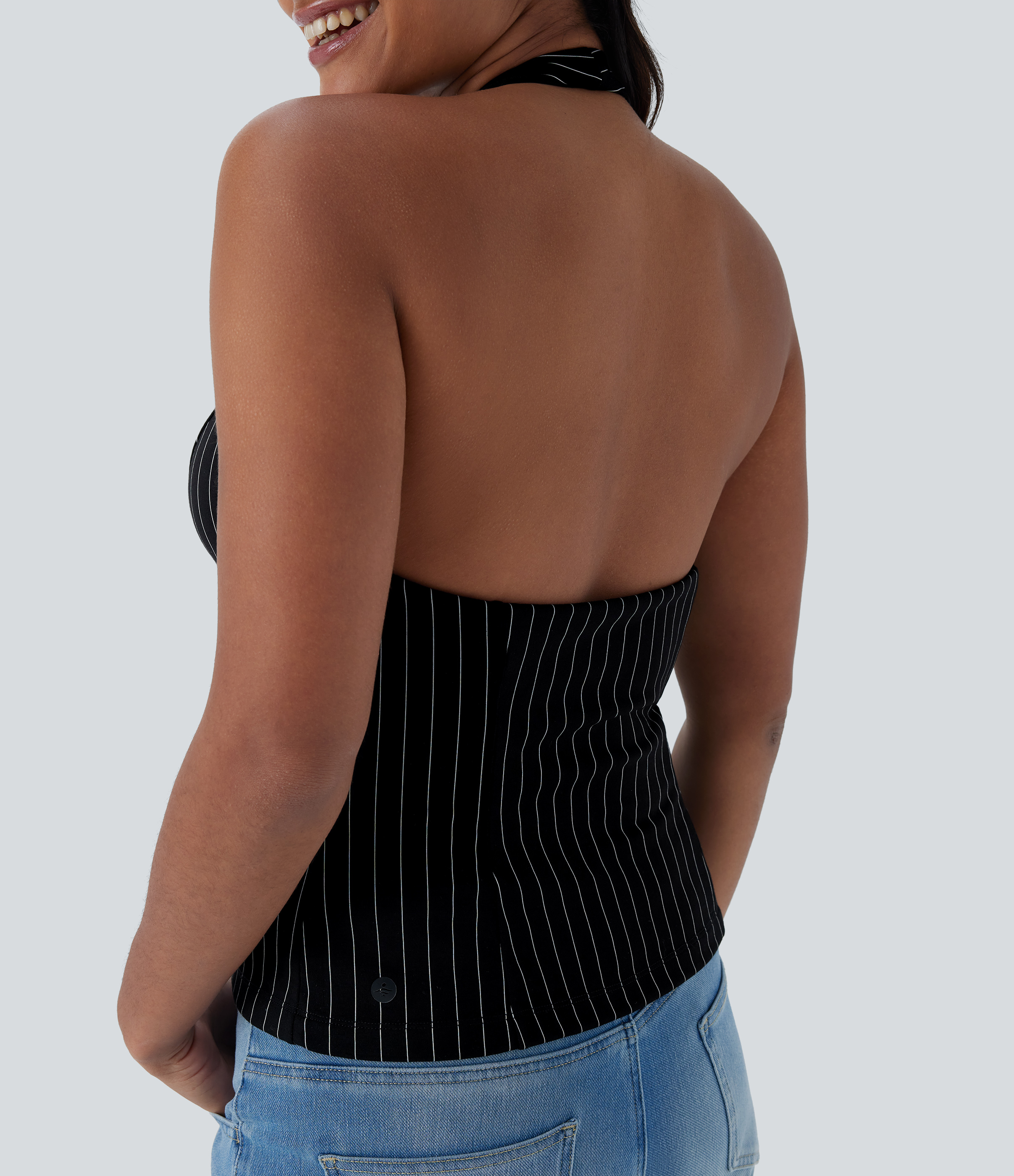Halara Halter Backless 2-Way Zipper Stripe Casual Top Tank Top - Black White Pinstripe - M golf tops halter top tunic tops sleeveless tops 