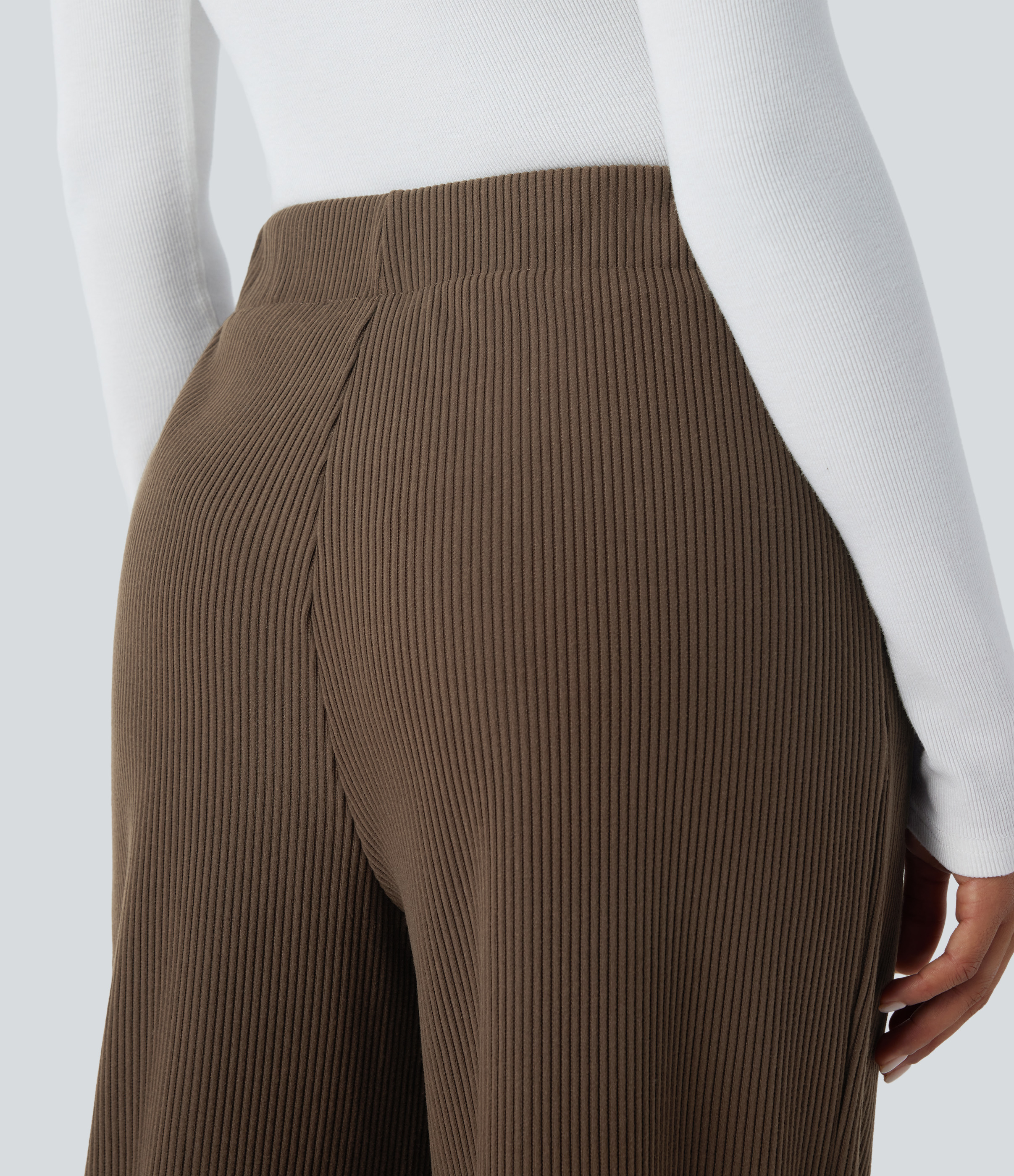 Halara Ribbed Knit High Waisted Plicated Side Pocket Wide Leg Casual Pants  - Thick Earthy Brown - L(regular) sweatpants jogger pants 