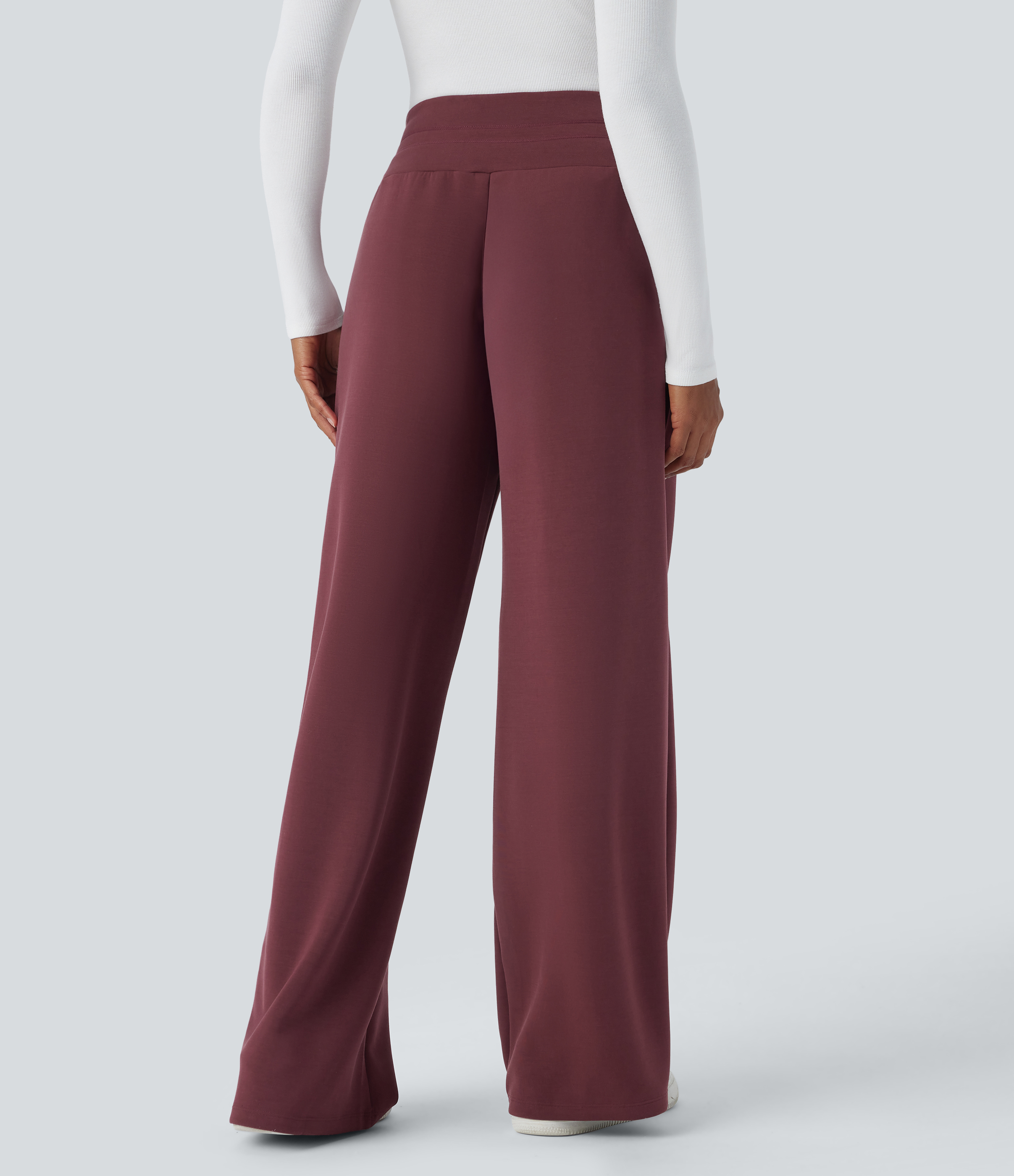 Halara High Waisted Drawstring Side Pocket Wide Leg Casual Pants  - Oxblood Red - L(regular) sweatpants jogger pants stacked sweatpants 