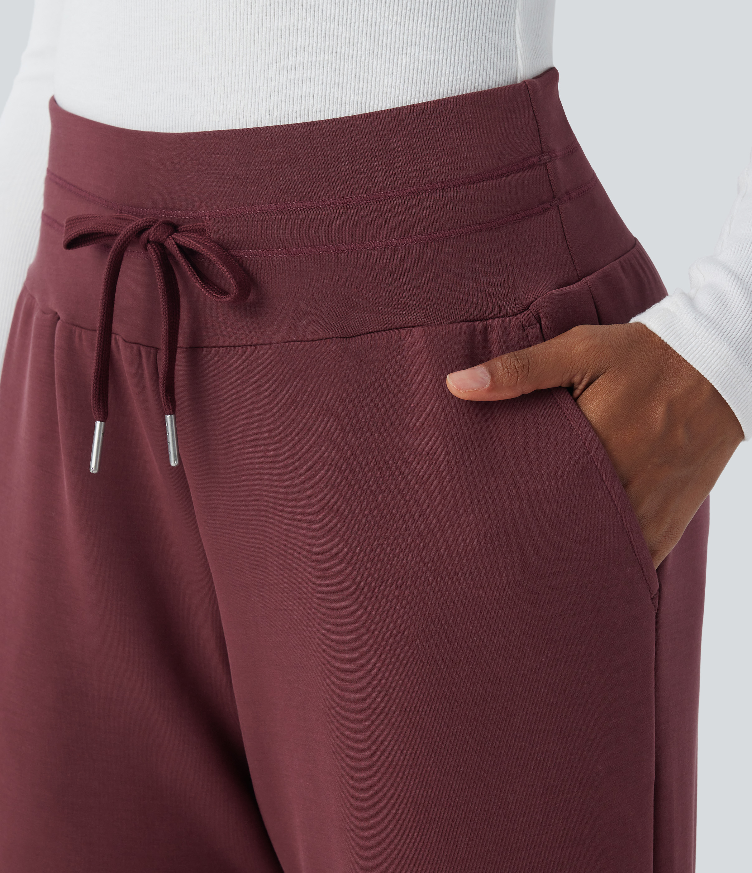 Halara High Waisted Drawstring Side Pocket Wide Leg Casual Pants  - Oxblood Red - L(regular) sweatpants jogger pants stacked sweatpants 