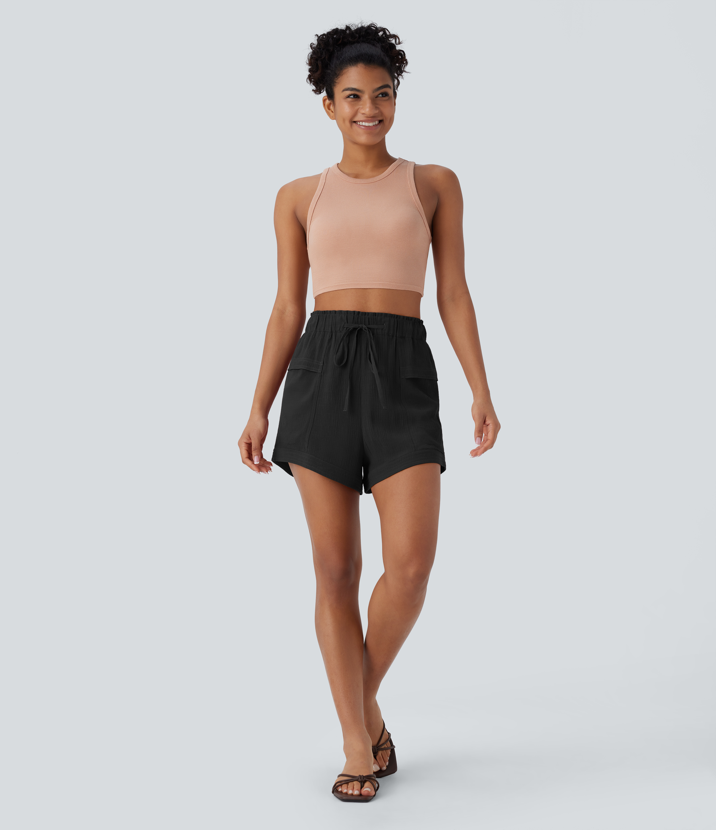 Halara Mid Rise Drawstring Frill Multiple Pockets Resort Shorts  - Black - XL booty shorts compression shorts yoga shorts 