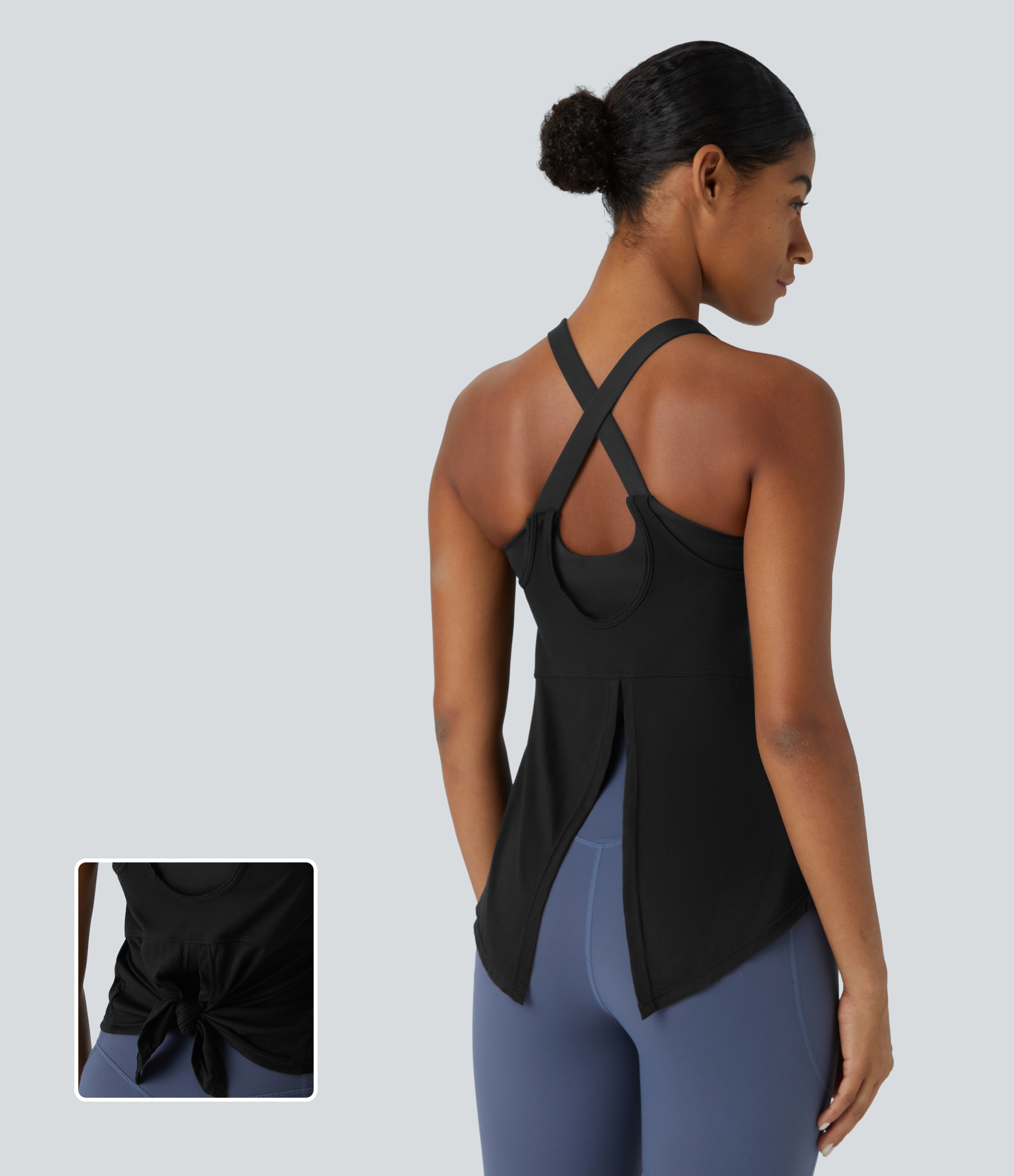 Halara Backless Crisscross Split Knot High Low 2-in-1 Yoga Tank Top Tank Top - Black - XS golf tops halter top tunic tops sleeveless tops 
