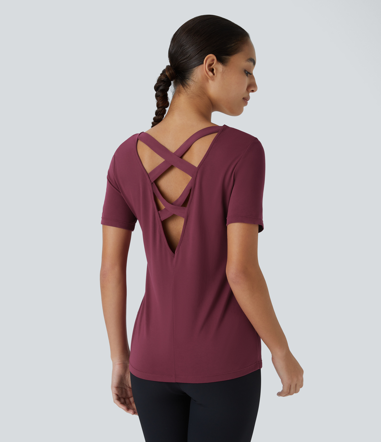 Halara Backless Crisscross Cut Out Short Sleeve Yoga Sports Top  - Rhododendron - L 