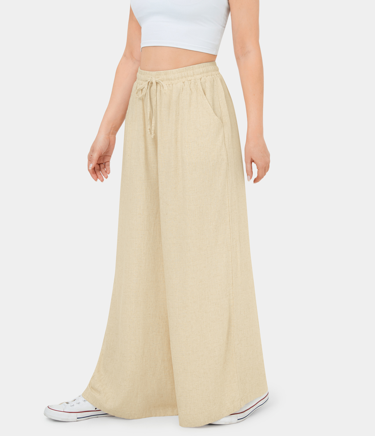 

Halara Elastic Waistband Drawstring Side Pocket Wide Leg Casual Cotton Pants - Seedpearl -  sweatpants jogger pants stacked sweatpants
