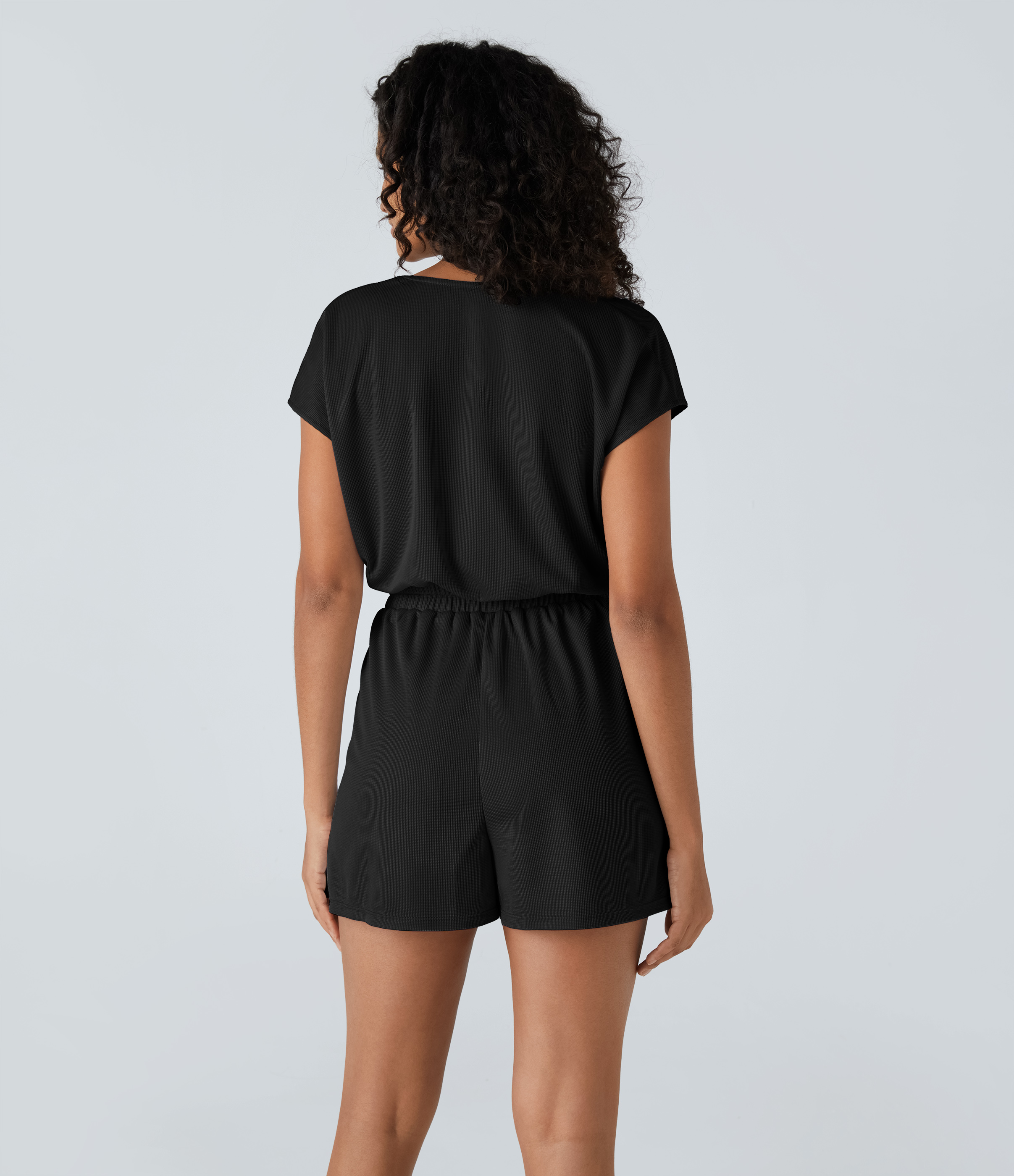 Black V Neck Short Sleeve Pocket Waffle Casual Romper / 2