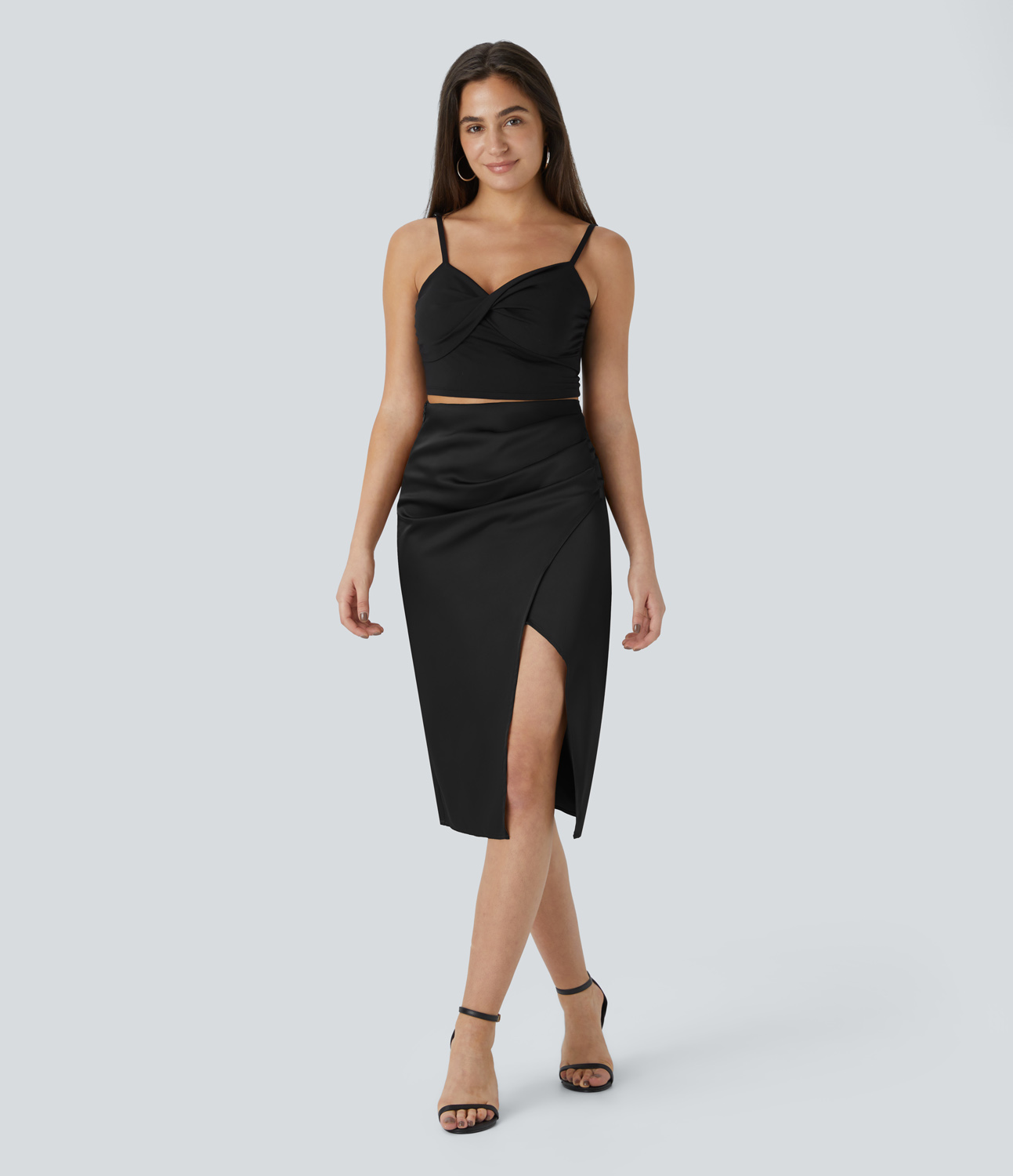 Halara High Waisted Side Invisible Zipper Ruched Tulip Hem Satin-Like Midi Party Skirt  - Black - M(regular) 