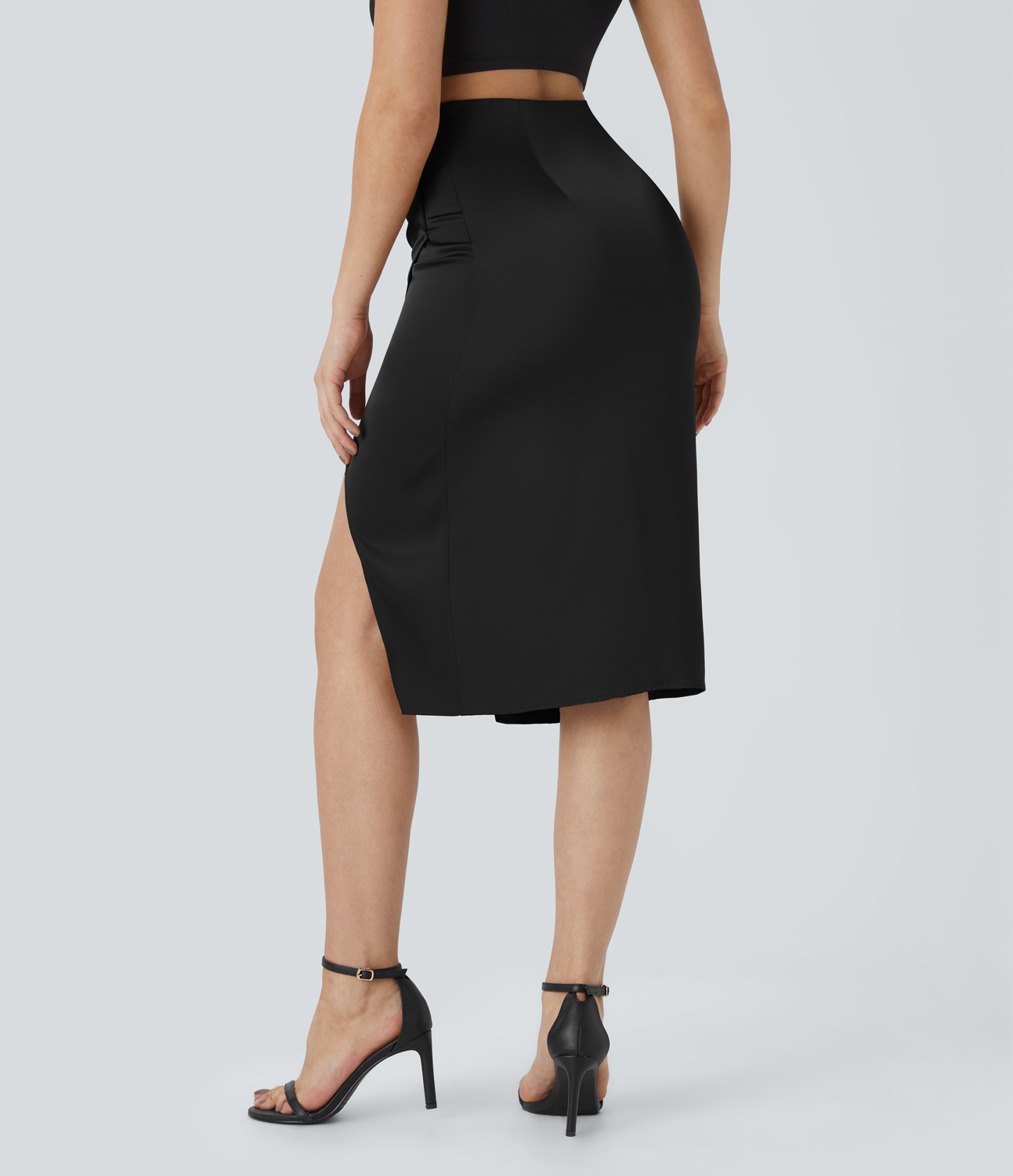 Halara High Waisted Side Invisible Zipper Ruched Tulip Hem Satin-Like Midi Party Skirt  - Black - M(regular) 