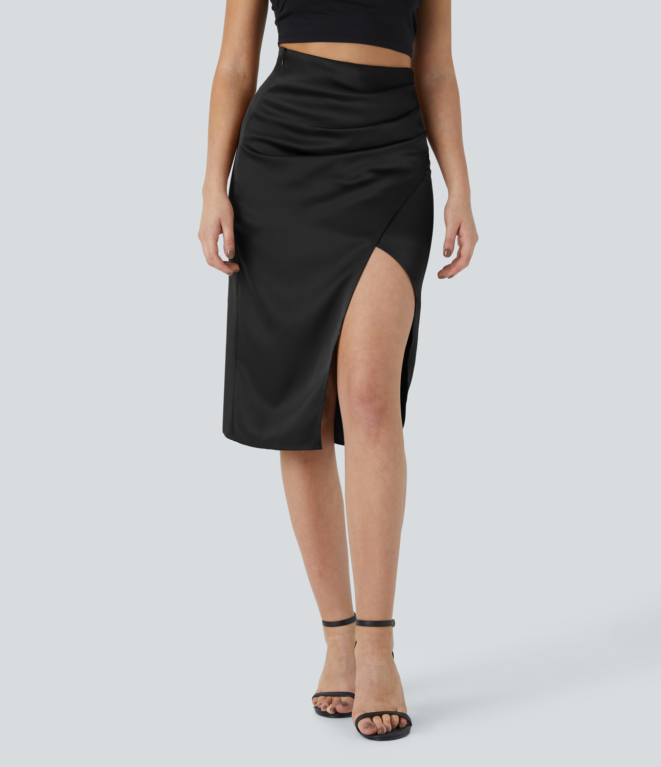 Halara High Waisted Side Invisible Zipper Ruched Tulip Hem Satin-Like Midi Party Skirt  - Black - M(regular) 