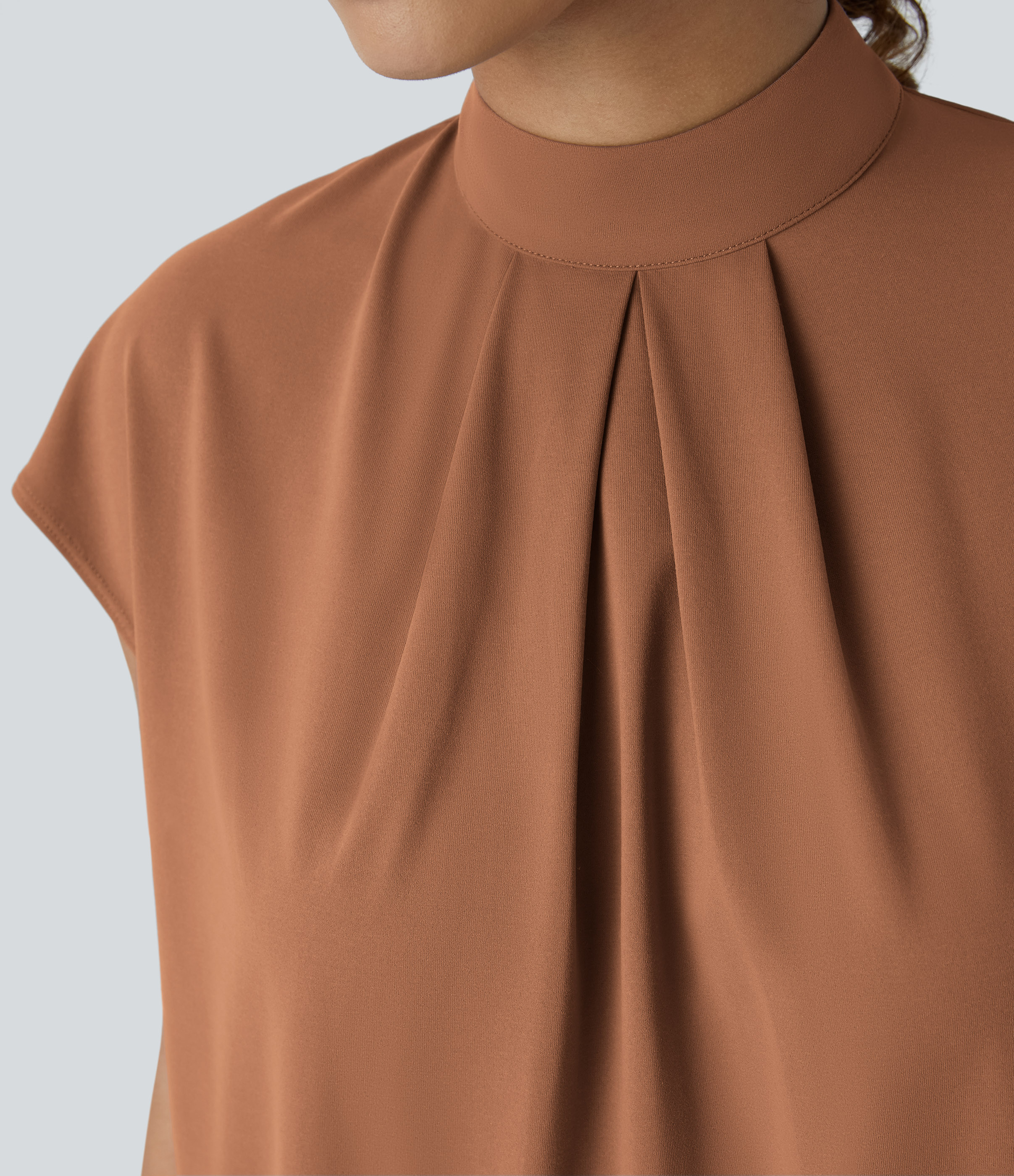 Halara Stand Collar Plicated Button Back Cap Sleeve Work Blouse  - Rust Red - M 