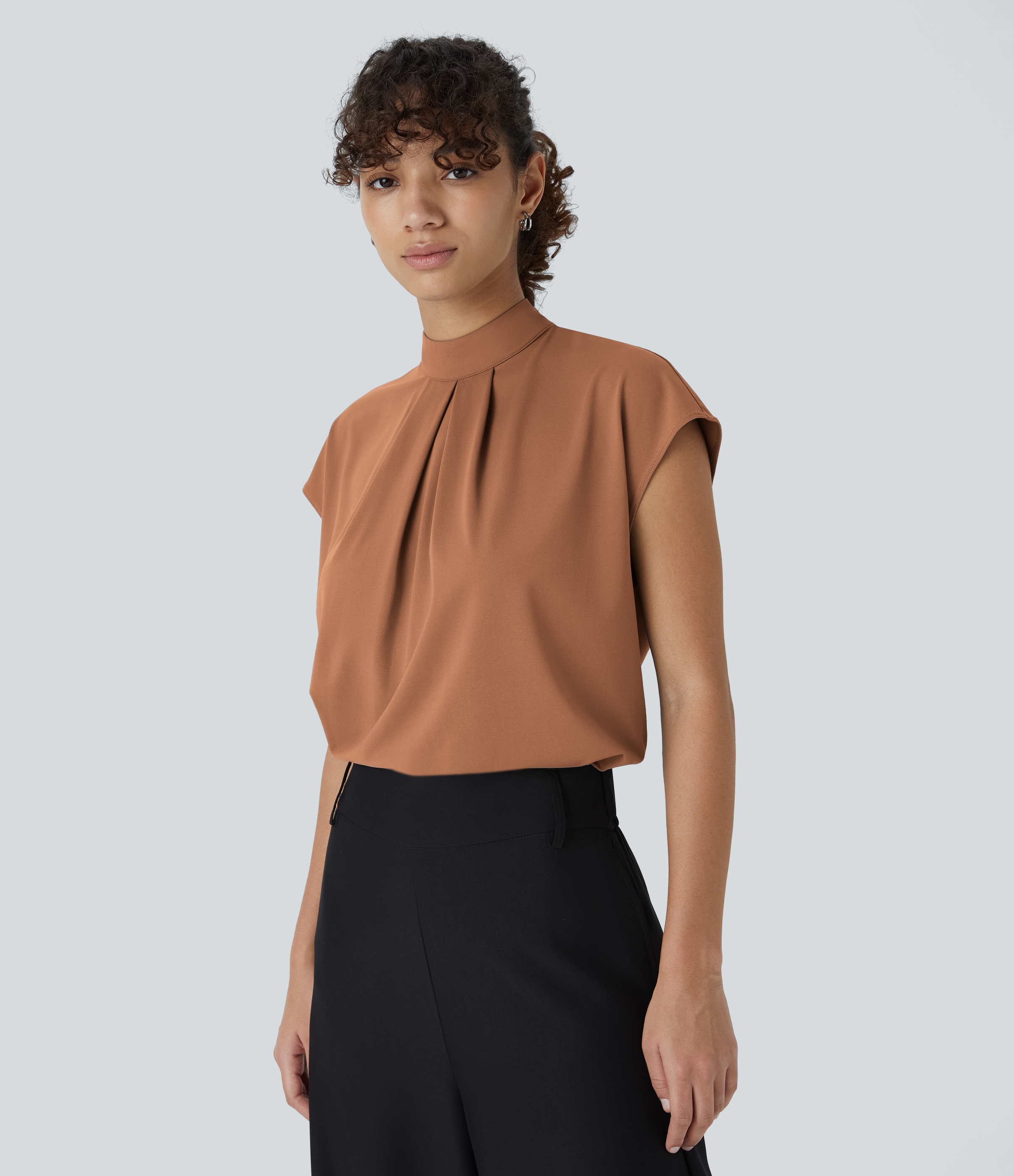 Halara Stand Collar Plicated Button Back Cap Sleeve Work Blouse  - Rust Red - M 