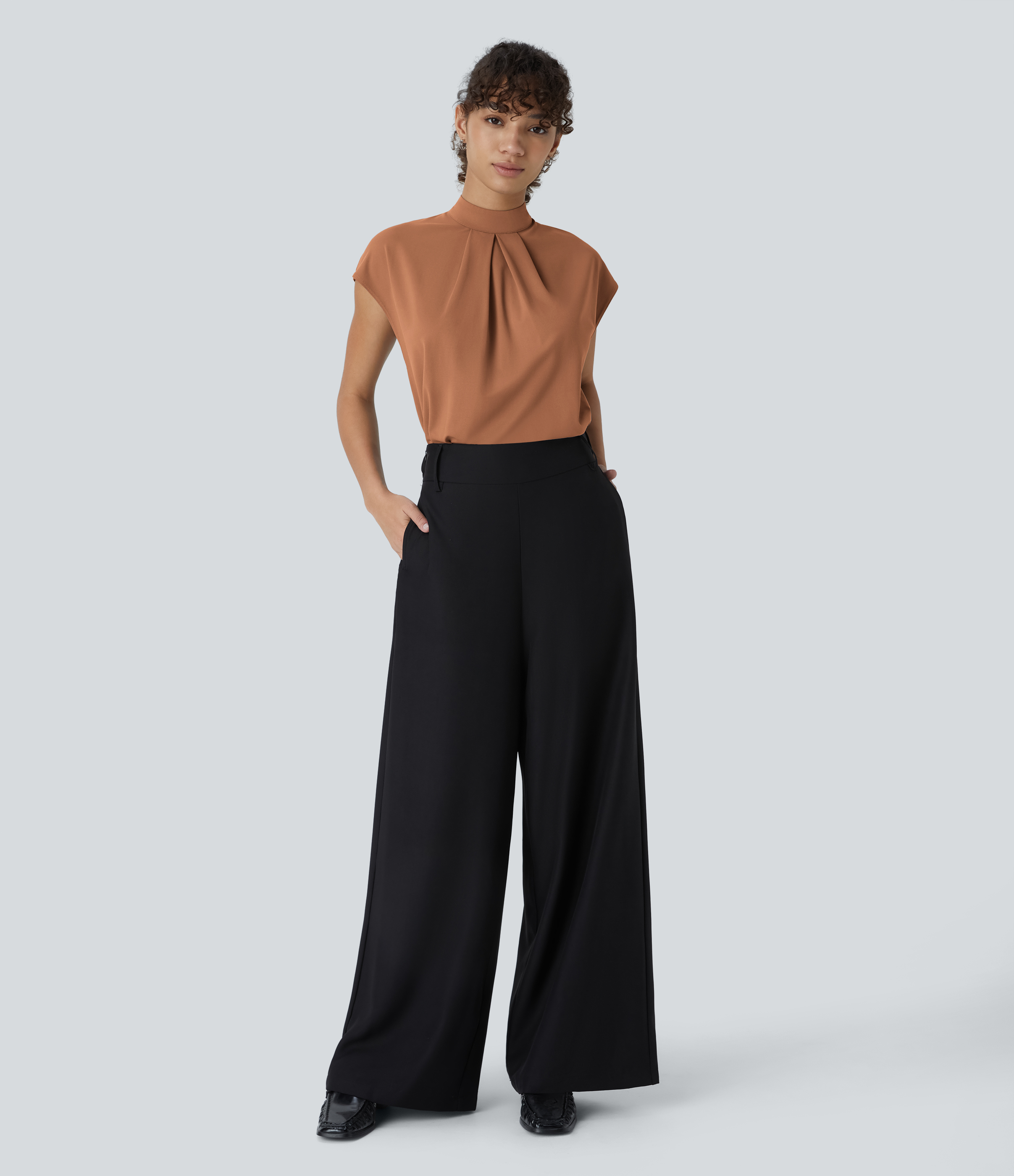 Halara Stand Collar Plicated Button Back Cap Sleeve Work Blouse  - Rust Red - M 