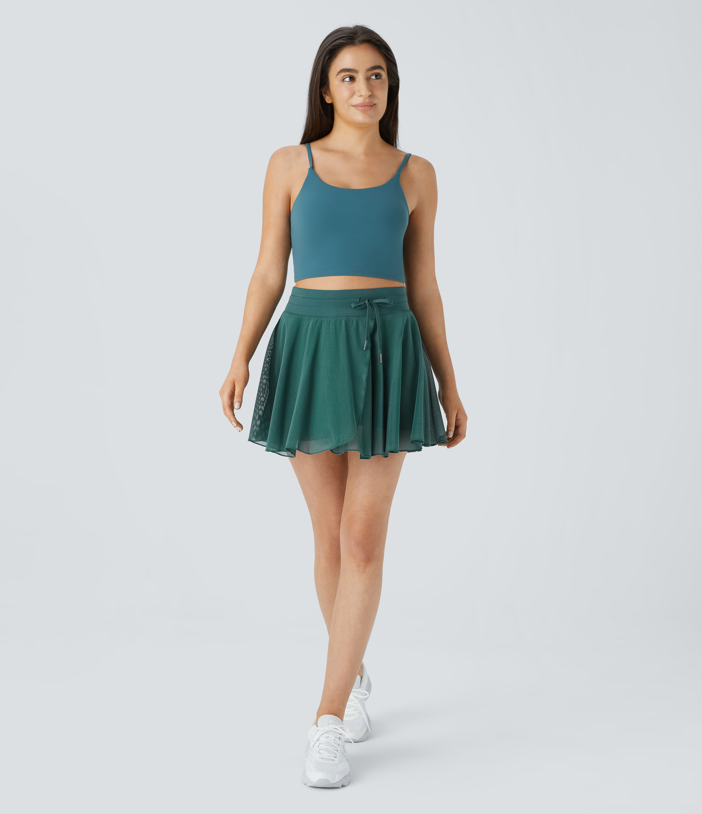 Halara High Waisted Drawstring Contrast Mesh 2-in-1 Side Pocket Flowy Mini Flare Casual Skirt  - Nature Green - M midi skirt a line skirt 