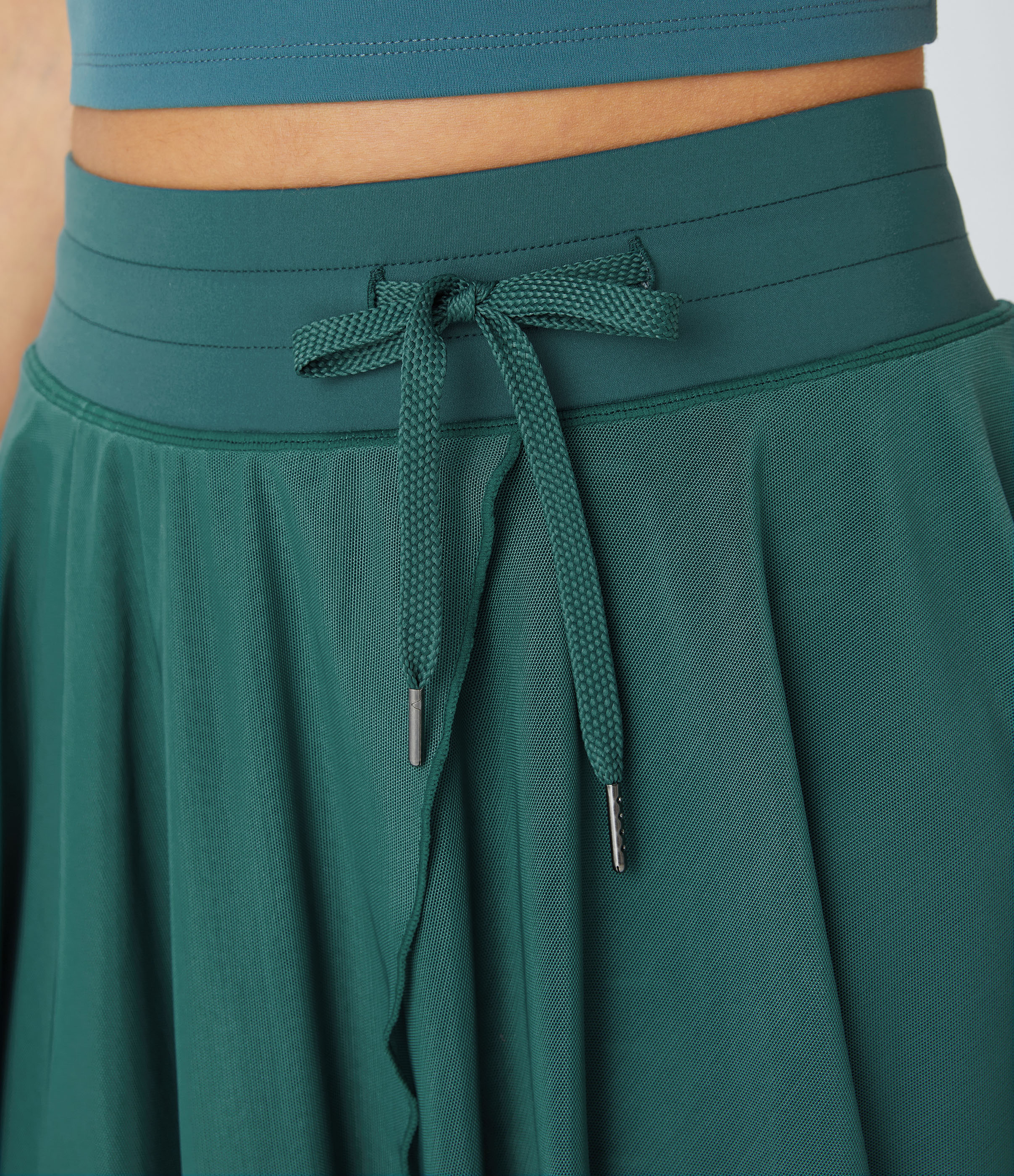 Halara High Waisted Drawstring Contrast Mesh 2-in-1 Side Pocket Flowy Mini Flare Casual Skirt  - Nature Green - M midi skirt a line skirt 