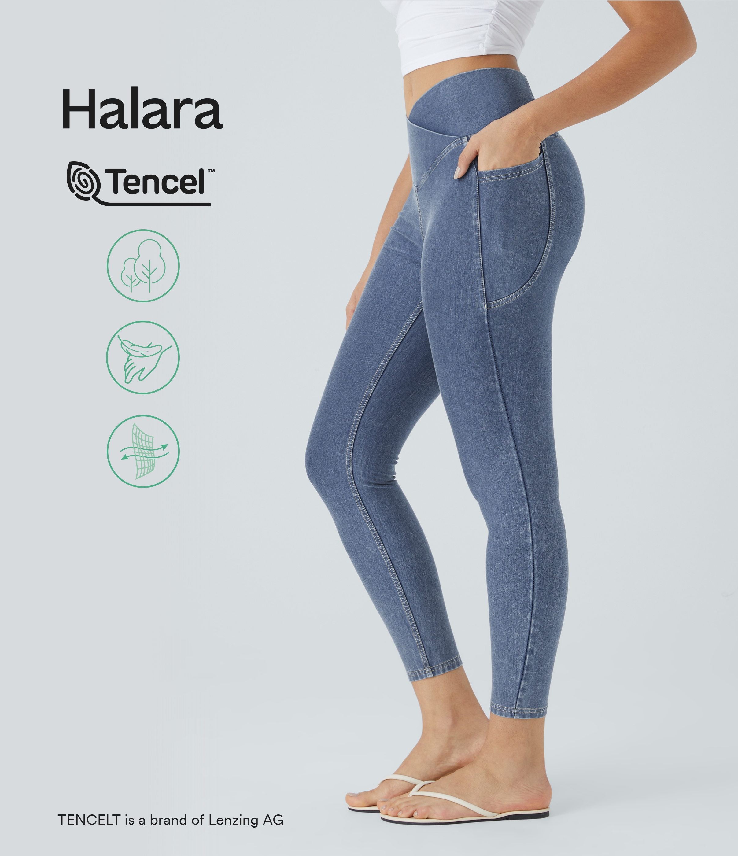 Halara Length Guid Women’s Halara Flex™ Crossover Pocket Washed Denim Casual 7/8 Leggings ...