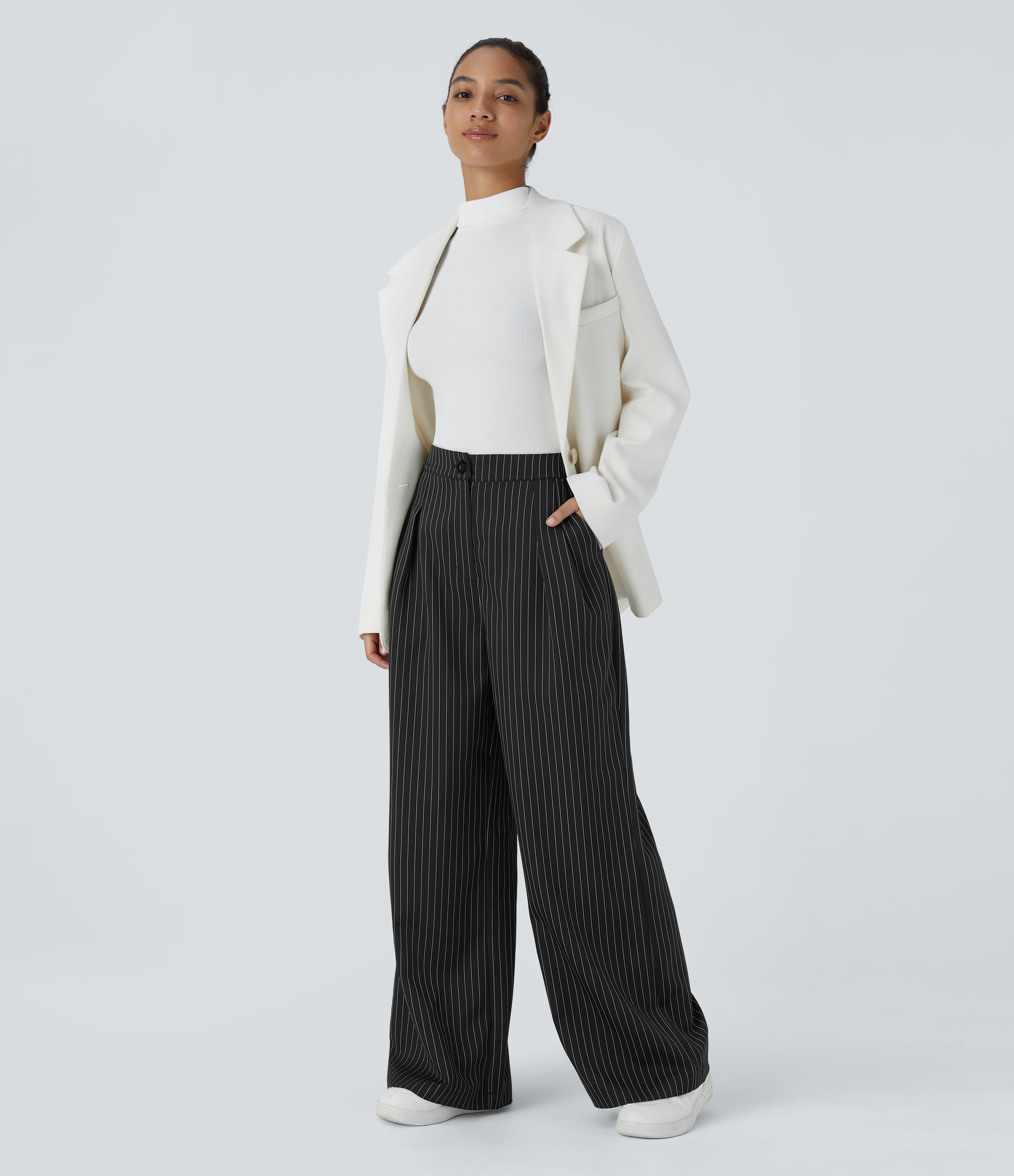 Halara High Waisted Button Zipper Side Pocket Wide Leg Striped Work Pants  - Black - XS(regular) sweatpants jogger pants stacked sweatpants 