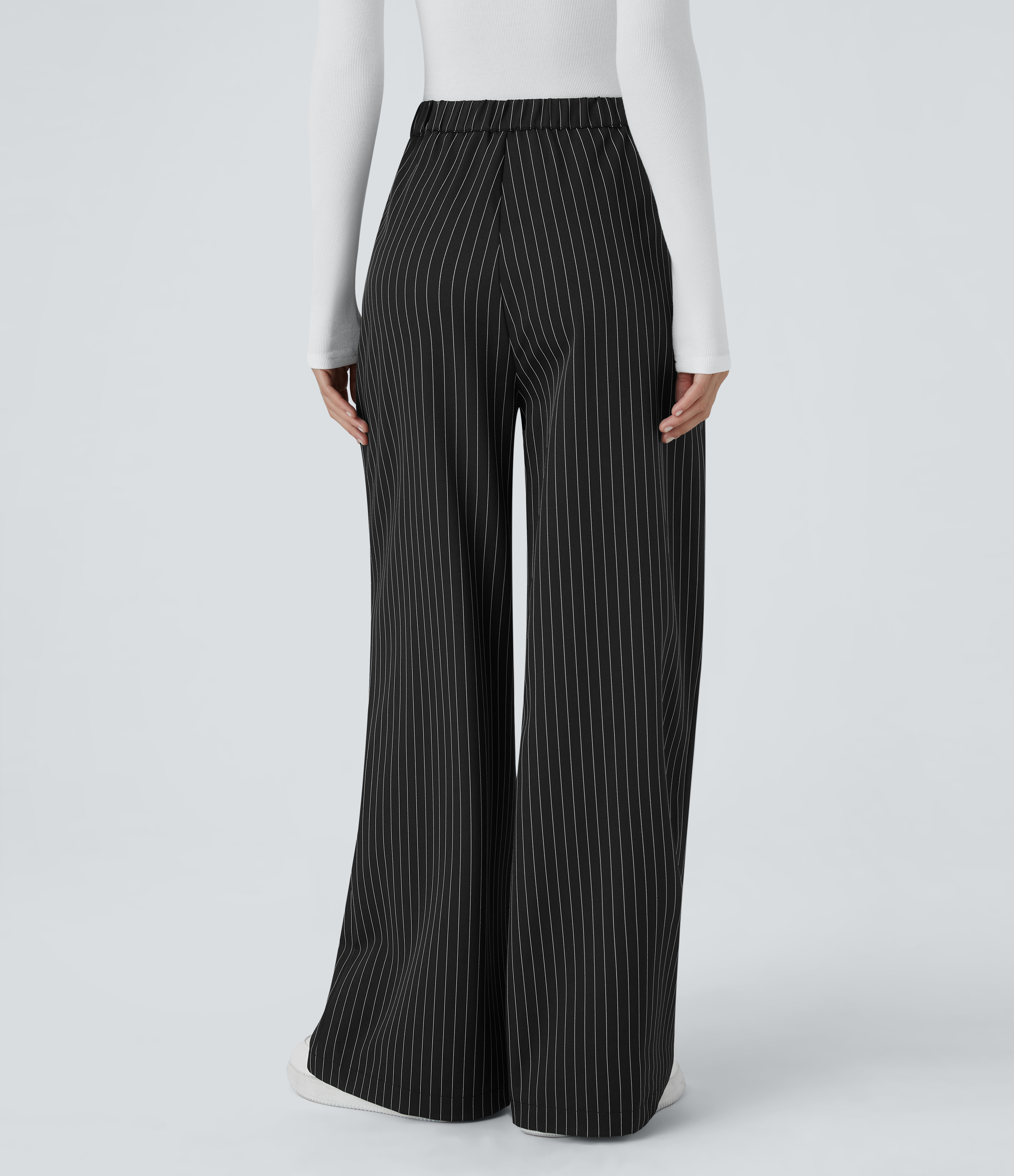 Halara High Waisted Button Zipper Side Pocket Wide Leg Striped Work Pants  - Black - XS(regular) sweatpants jogger pants stacked sweatpants 