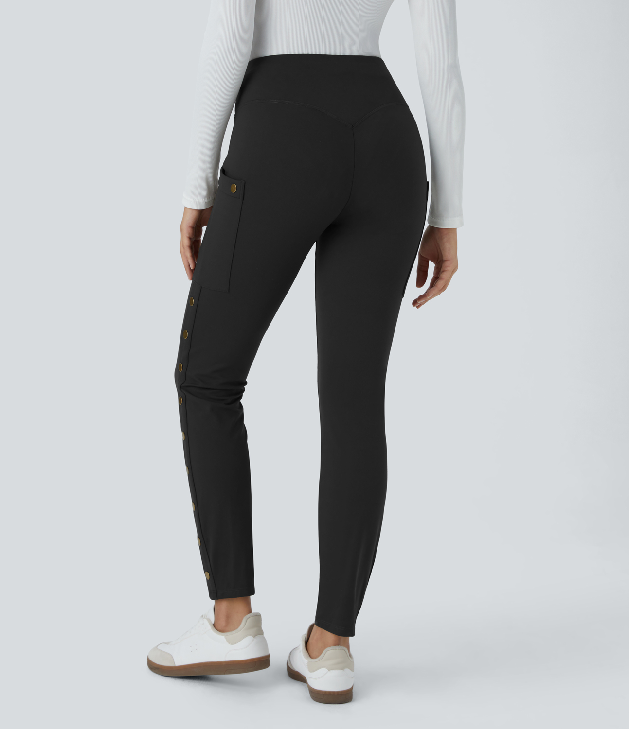 Halara High Waisted Decorative Button Side Pocket Skinny Ankle Length Casual Pants  - Black - M(regular) sweatpants jogger pants 