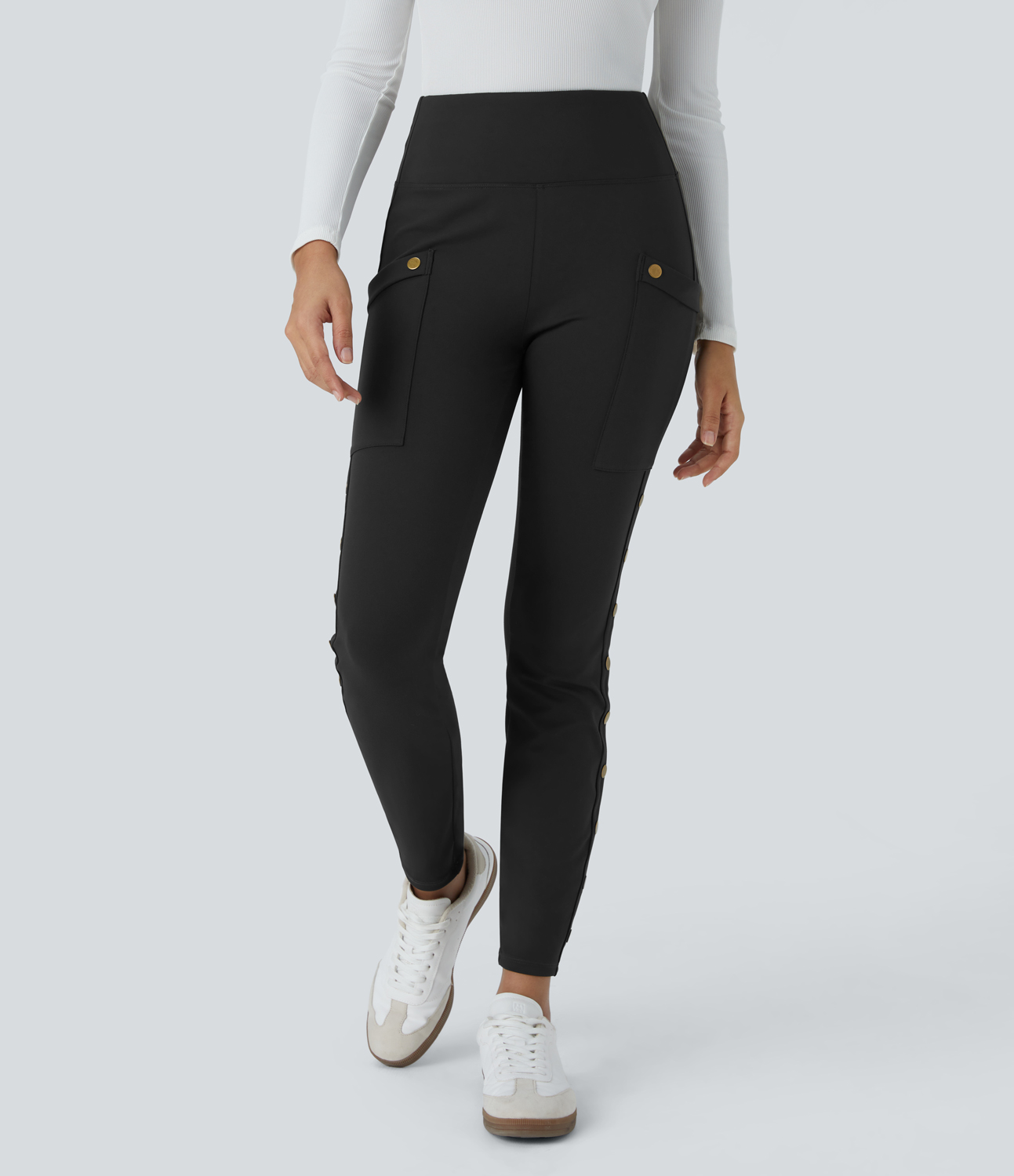 Halara High Waisted Decorative Button Side Pocket Skinny Ankle Length Casual Pants  - Black - M(regular) sweatpants jogger pants 