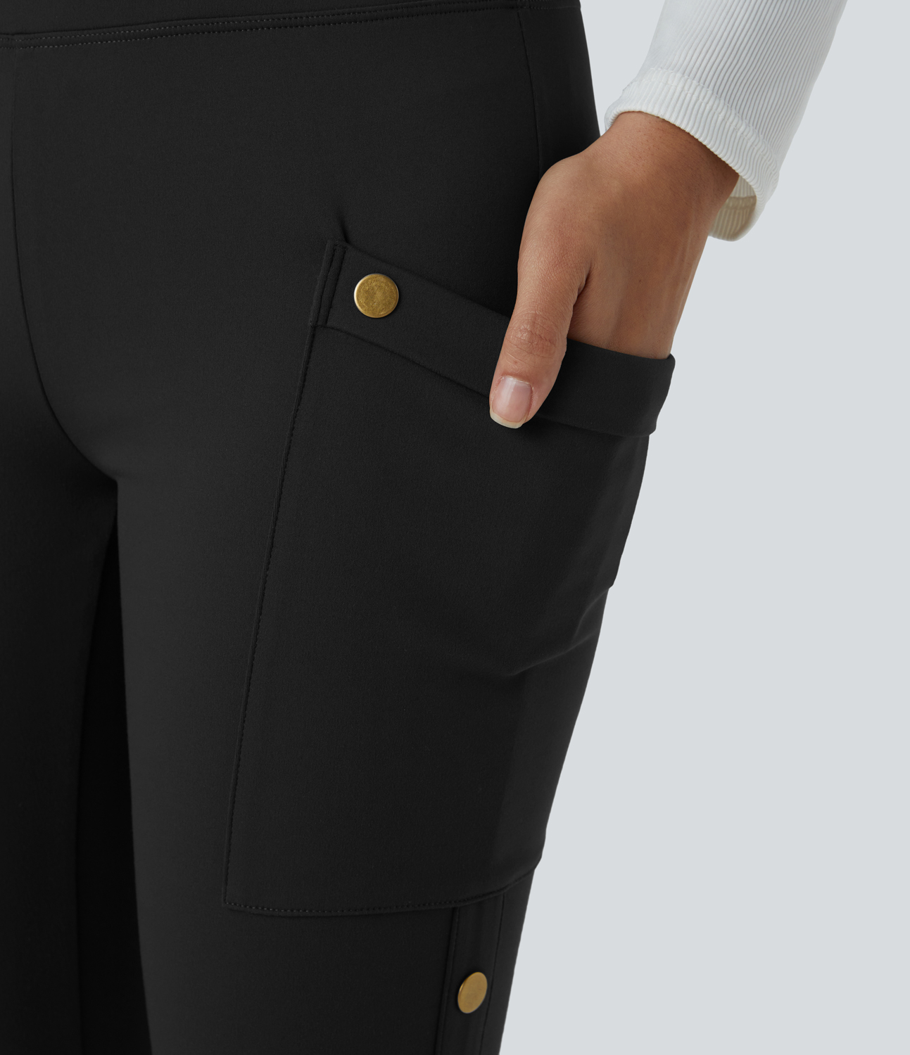 Halara High Waisted Decorative Button Side Pocket Skinny Ankle Length Casual Pants  - Black - M(regular) sweatpants jogger pants 