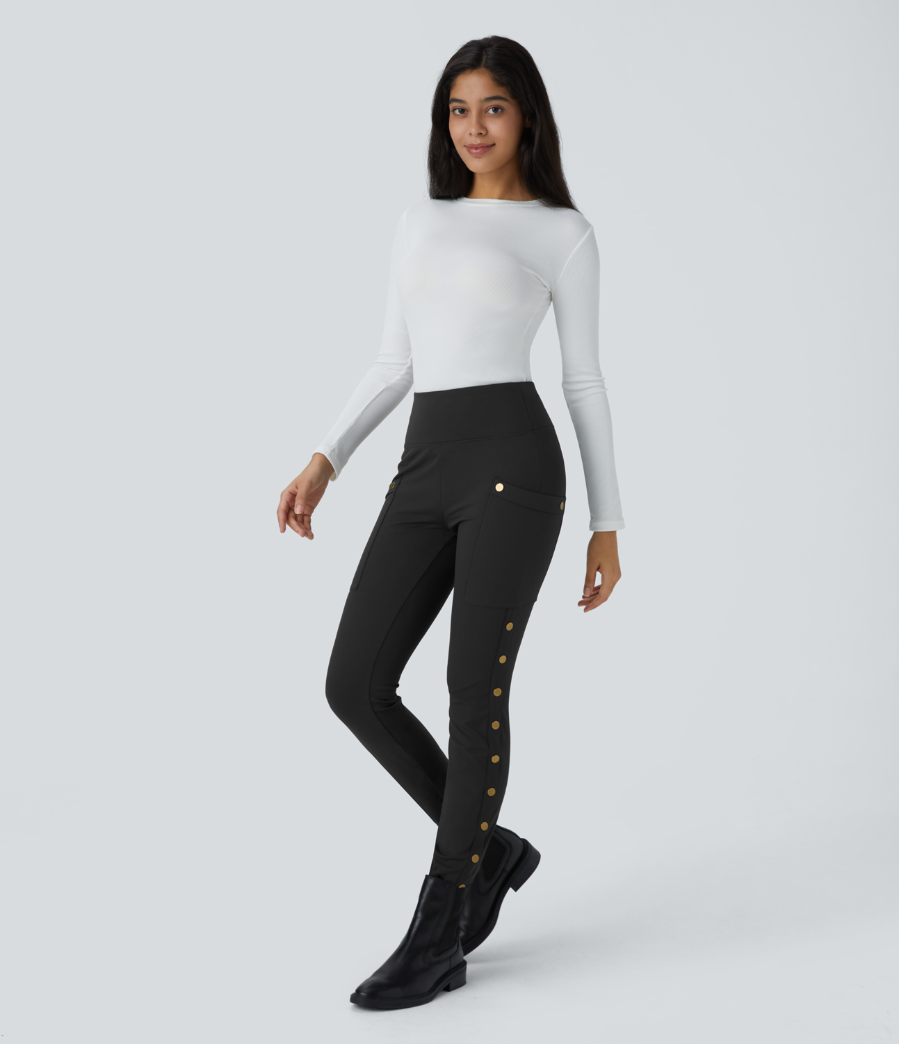 Halara High Waisted Decorative Button Side Pocket Skinny Ankle Length Casual Pants  - Black - M(regular) sweatpants jogger pants 
