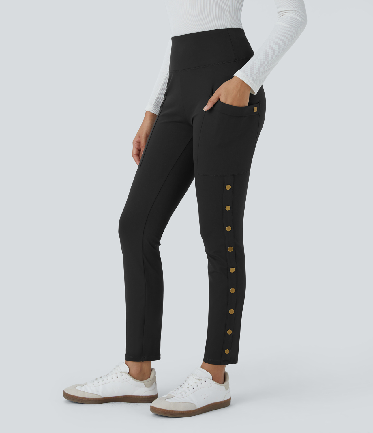 Halara High Waisted Decorative Button Side Pocket Skinny Ankle Length Casual Pants  - Black - M(regular) sweatpants jogger pants 