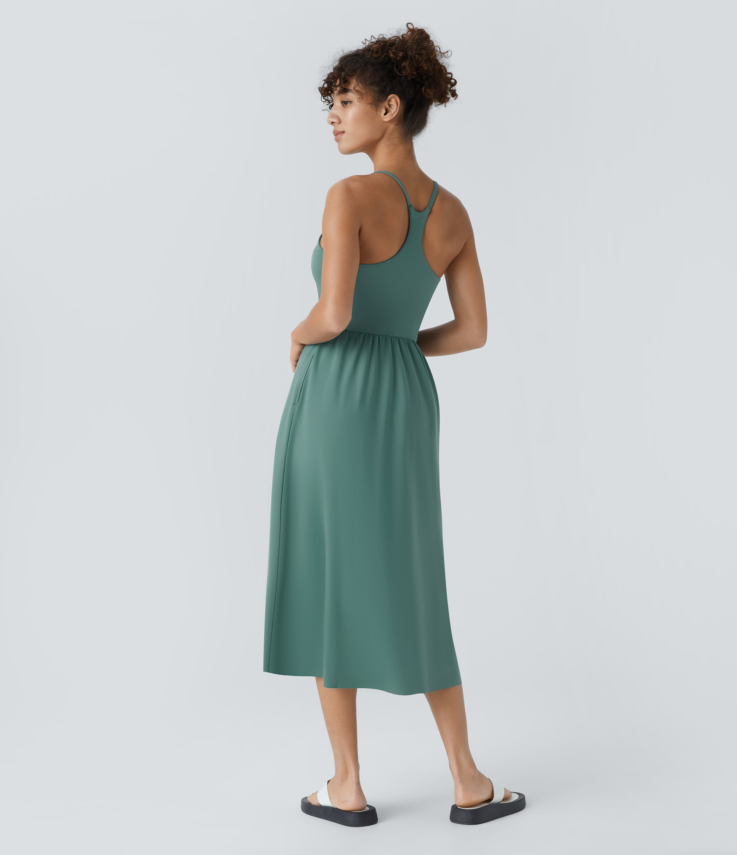 Halara Everyday Midi Chill Dress-La Land Casual Dress - Blue Spruce - L slip dress beach dress ruched dress halter dress exercise dress 