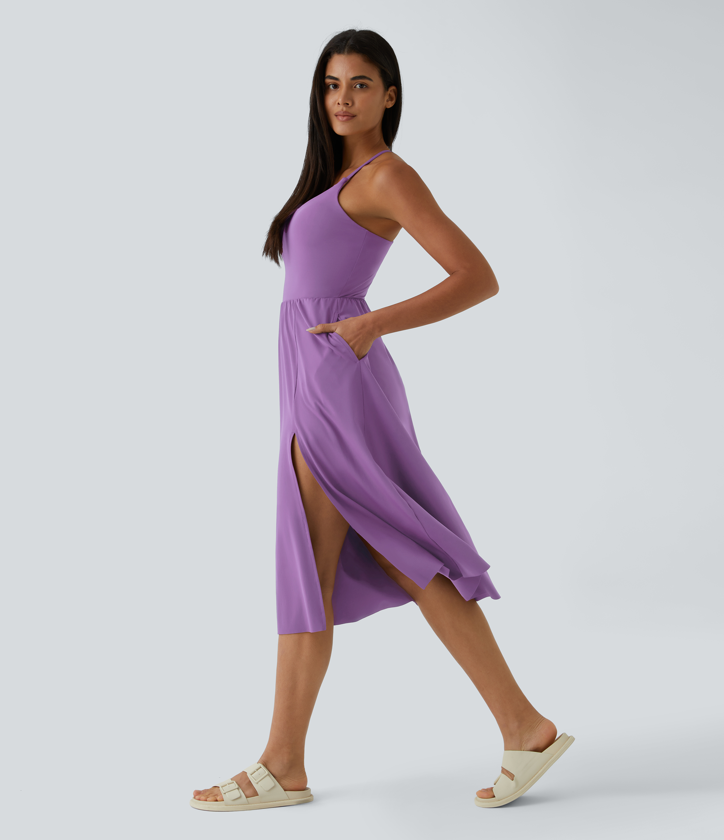 Halara Everyday Midi Chill Dress-La Land Casual Dress - Dewberry - XS slip dress beach dress ruched dress halter dress exercise dress 