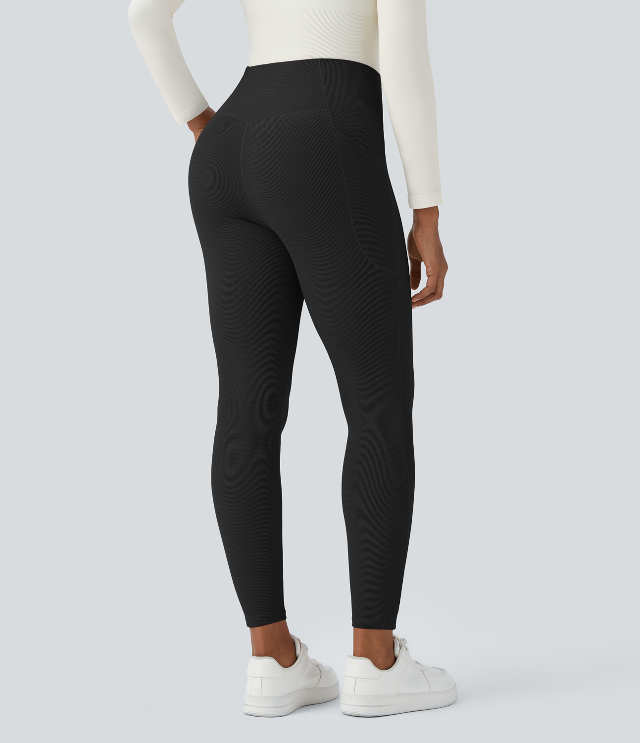 Halara High Waisted Crossover Side Pocket Waffle 7/8 Casual Leggings  - Black - M(7/8) gym leggings leggings with pockets 