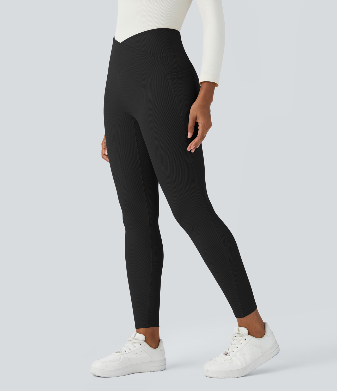 Halara High Waisted Crossover Side Pocket Waffle 7/8 Casual Leggings  - Black - M(7/8) gym leggings leggings with pockets 