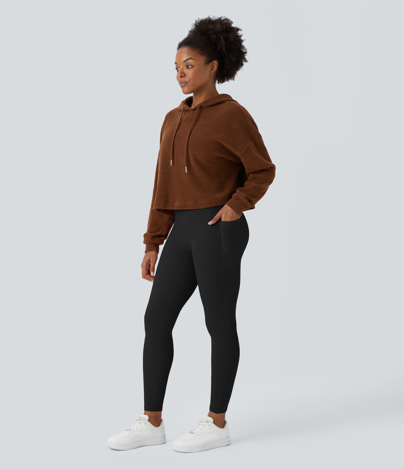Halara High Waisted Crossover Side Pocket Waffle 7/8 Casual Leggings  - Black - M(7/8) gym leggings leggings with pockets 