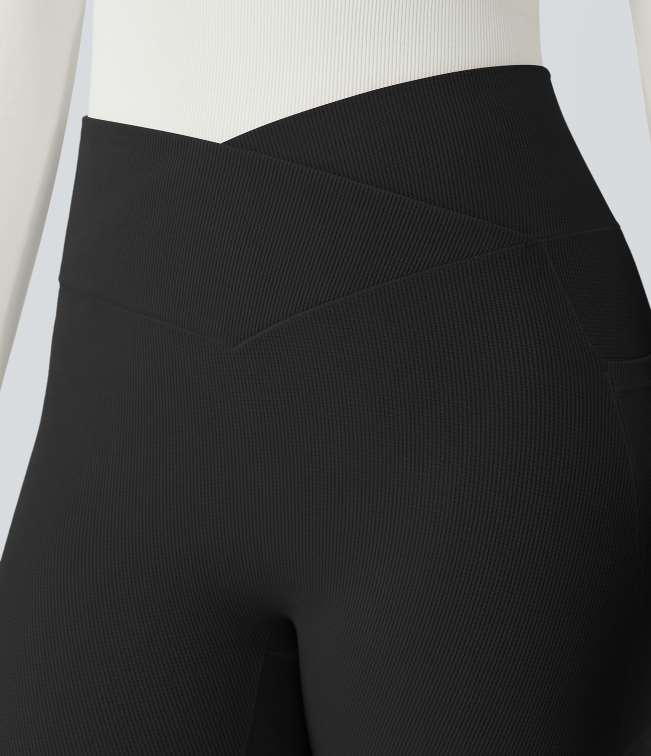 Halara High Waisted Crossover Side Pocket Waffle 7/8 Casual Leggings  - Black - M(7/8) gym leggings leggings with pockets 