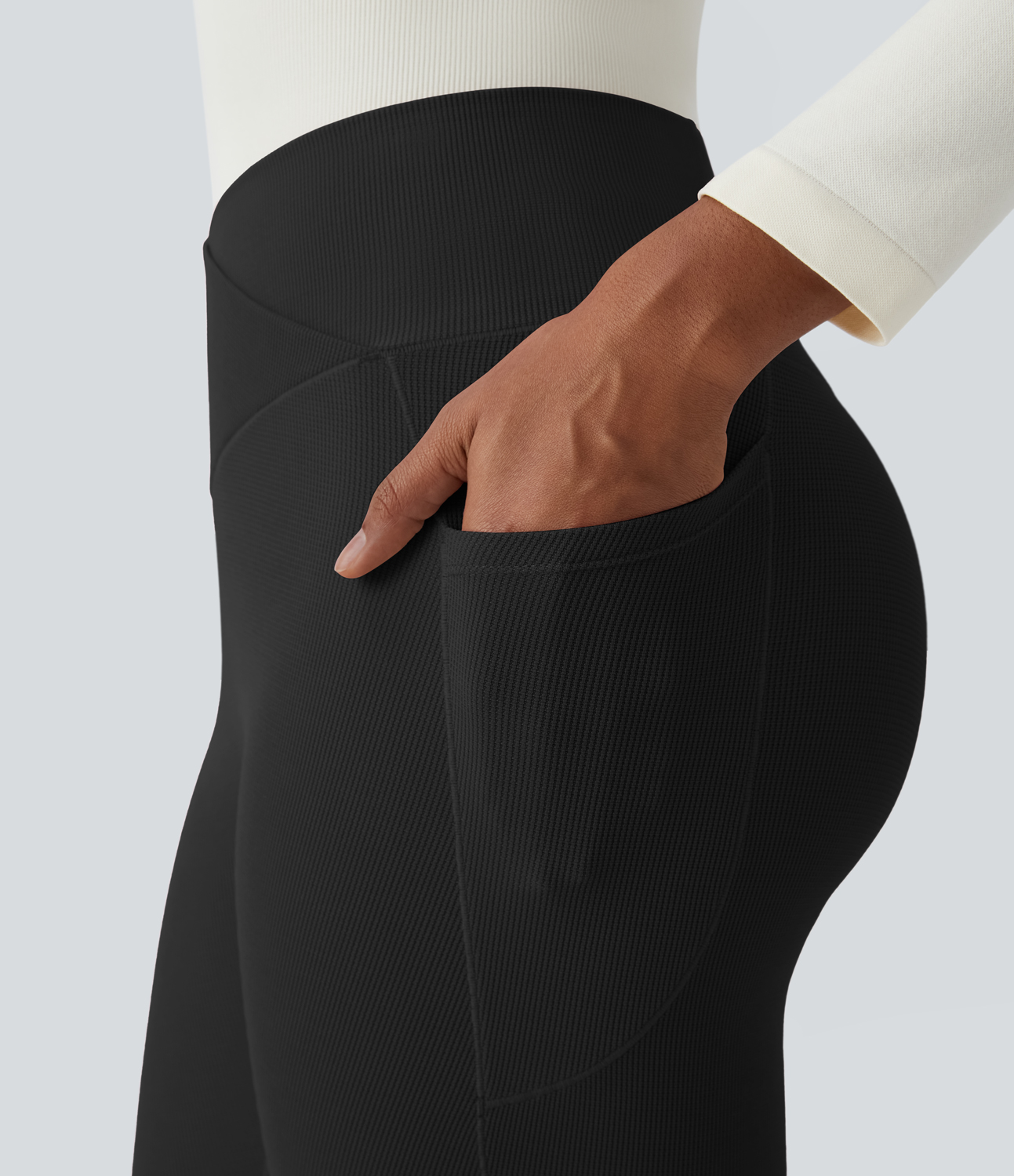 Halara High Waisted Crossover Side Pocket Waffle 7/8 Casual Leggings  - Black - M(7/8) gym leggings leggings with pockets 