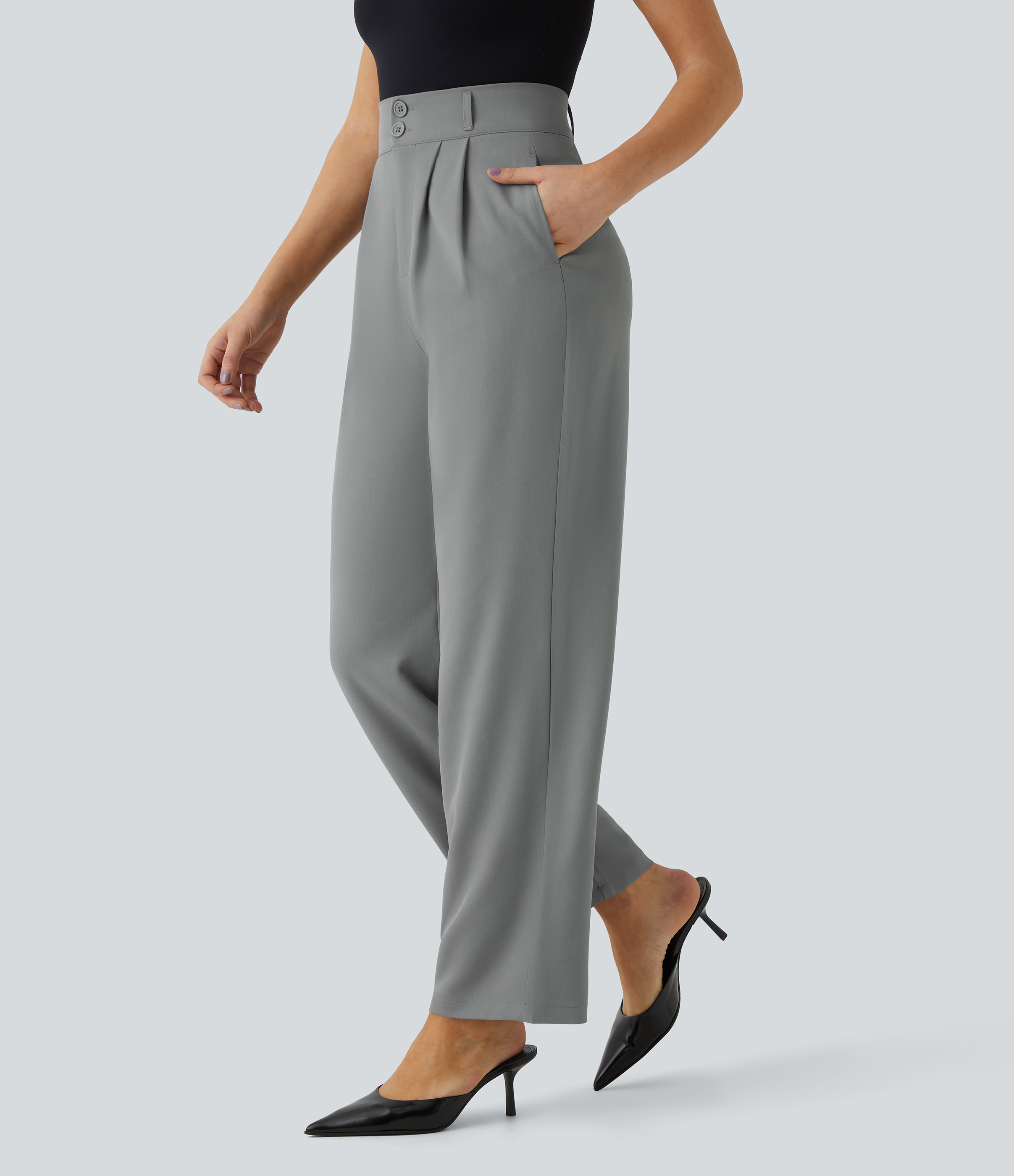 Halara High Waisted Button Zipper Side Pocket Shirred Straight Leg Work Pants  - Mockingbird - L(regular) sweatpants jogger pants 